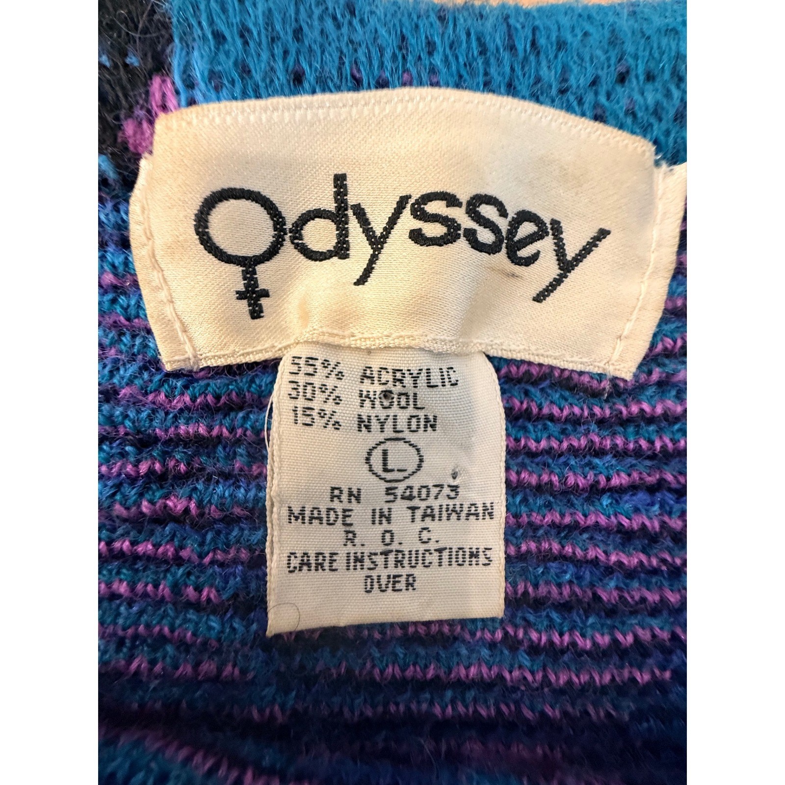 Vintage 90s Odyssey Geometric Abstract Knit Sweater Pink Teal Wool Blend Large