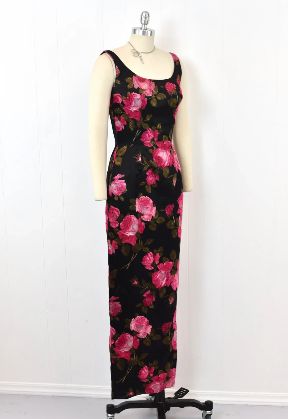 Vintage 1960s Mr. Blackwell Pink Floral Black Silk Gown Dress with Matching Wrap