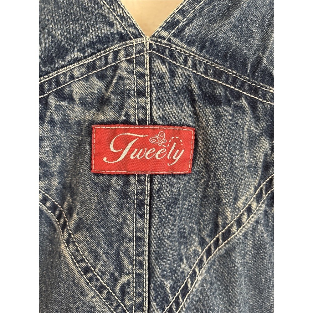 Vintage Looney Tunes Tweety Denim Overall Shorts Embroidered Pockets Blue Medium