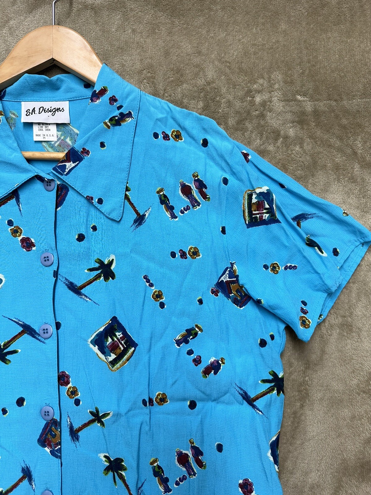 VTG 80s womens SA designs Hawaiian palm tree Button Down Shirt made in USA Blue
