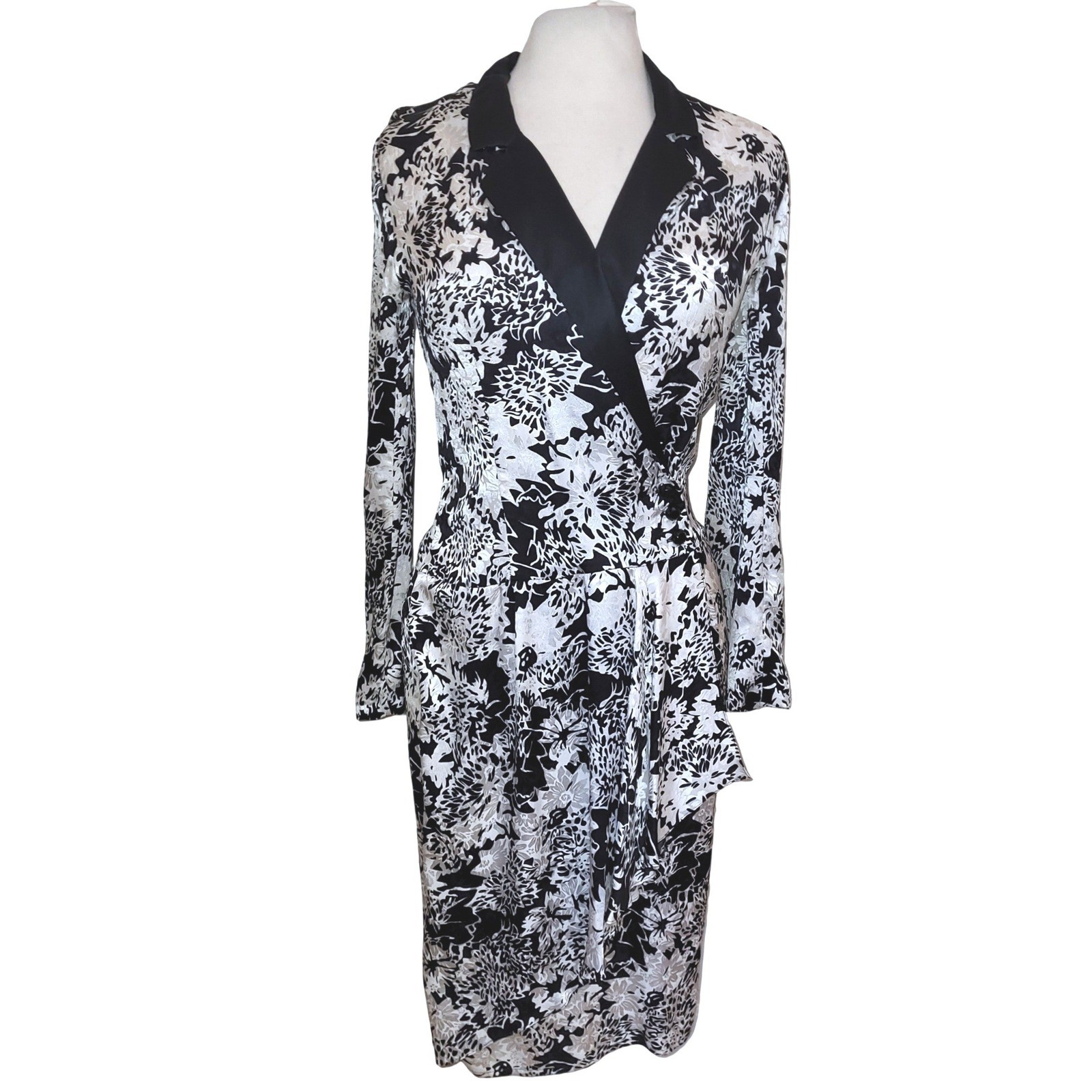 VTG 80s Maggy London for Jeannene Booher Black White Floral Silk Wrap Dress 6