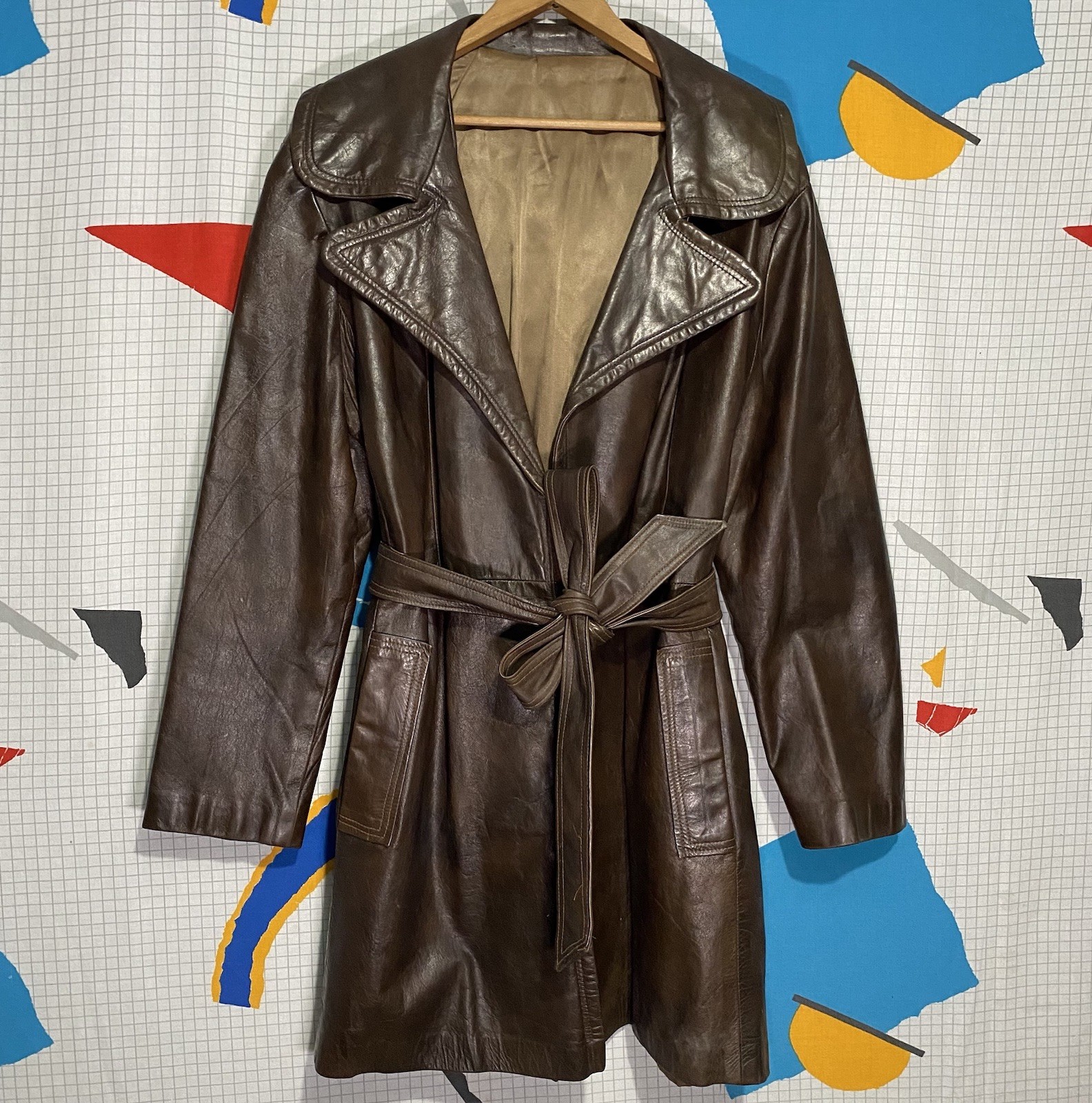 Vintage 60s Hide Leather Trench Coat Belt Wrap Open Wide Spread Lapel Altman