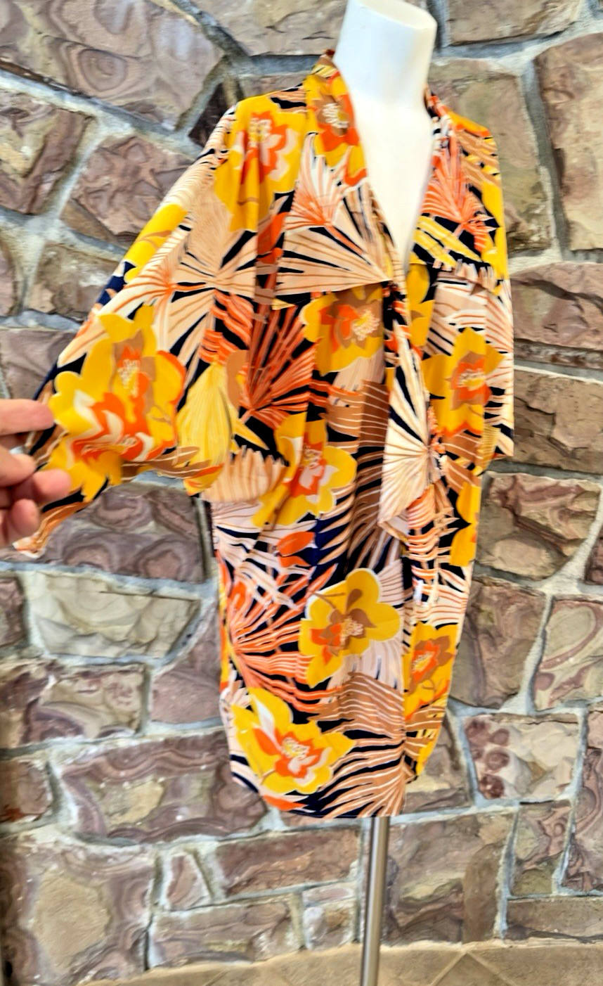 Vintage 70s floral caftan cover short Kimono3,4 sleeve, psychedelic, S/M/L