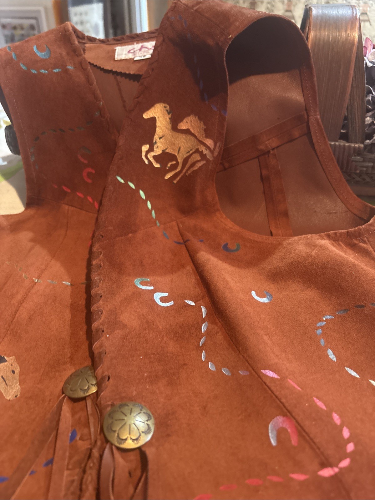 Char Leather Fringe Hand Painted Vest Size XS Santa Fe