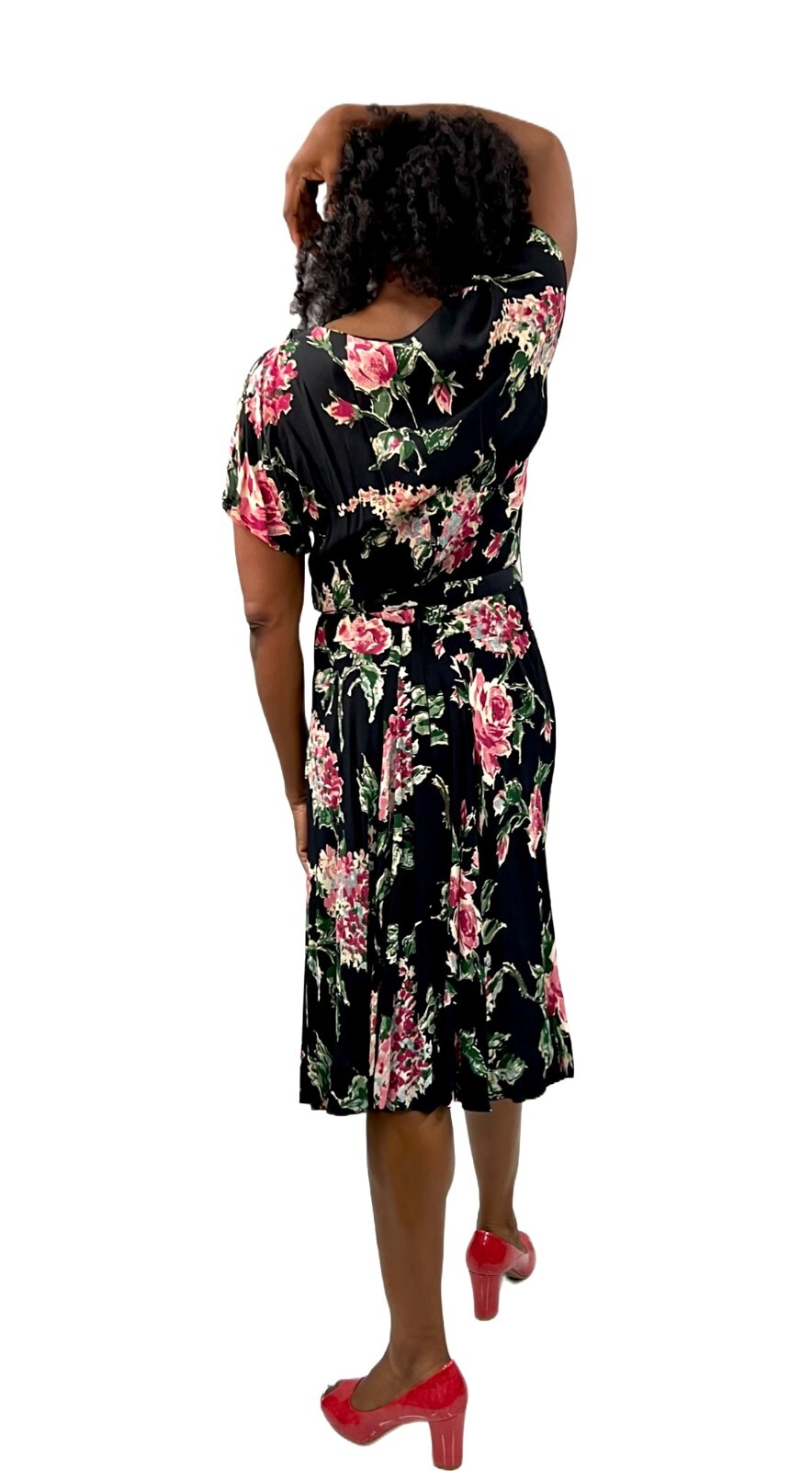 Famous Frocks VTG 1940s WW2 Black Rayon Floral Dress Pink Green Print Swing M