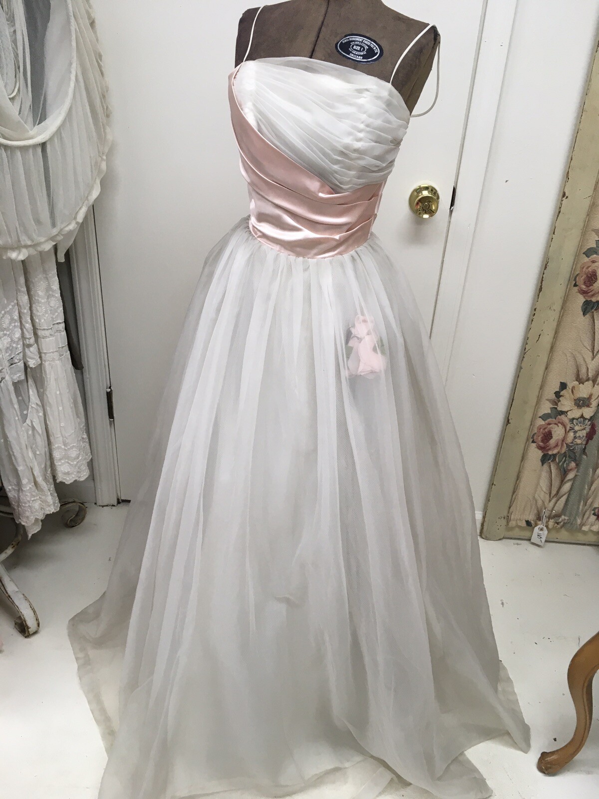 1950s Prom Dress White Tulle Fabric Pink Satin Ribbon Millinery Flowers #14
