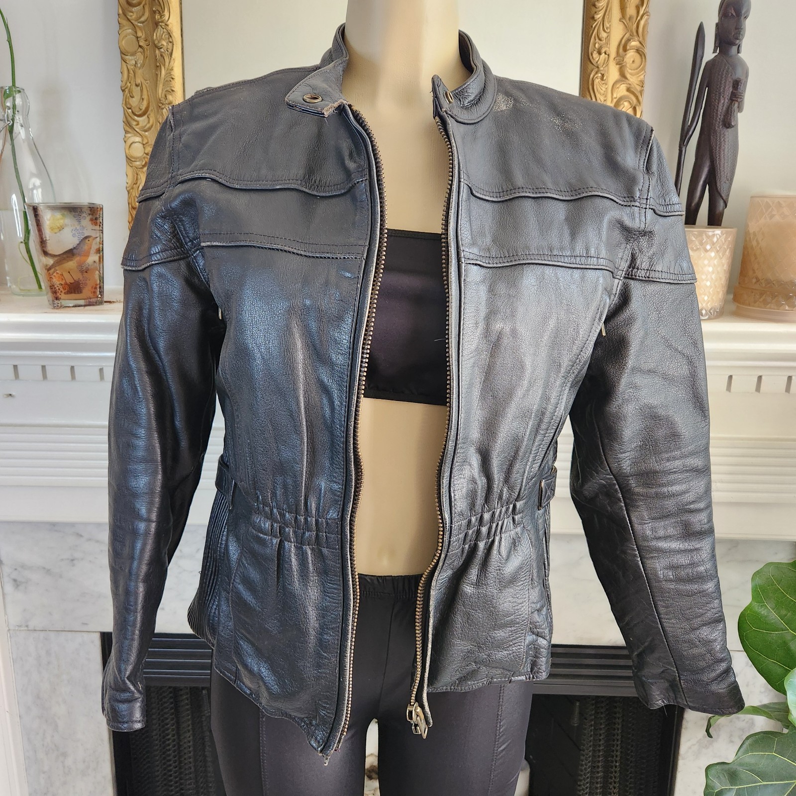 Vintage 80s Black Leather Moto Jacket Racing Biker Skull Size Medium Rocker