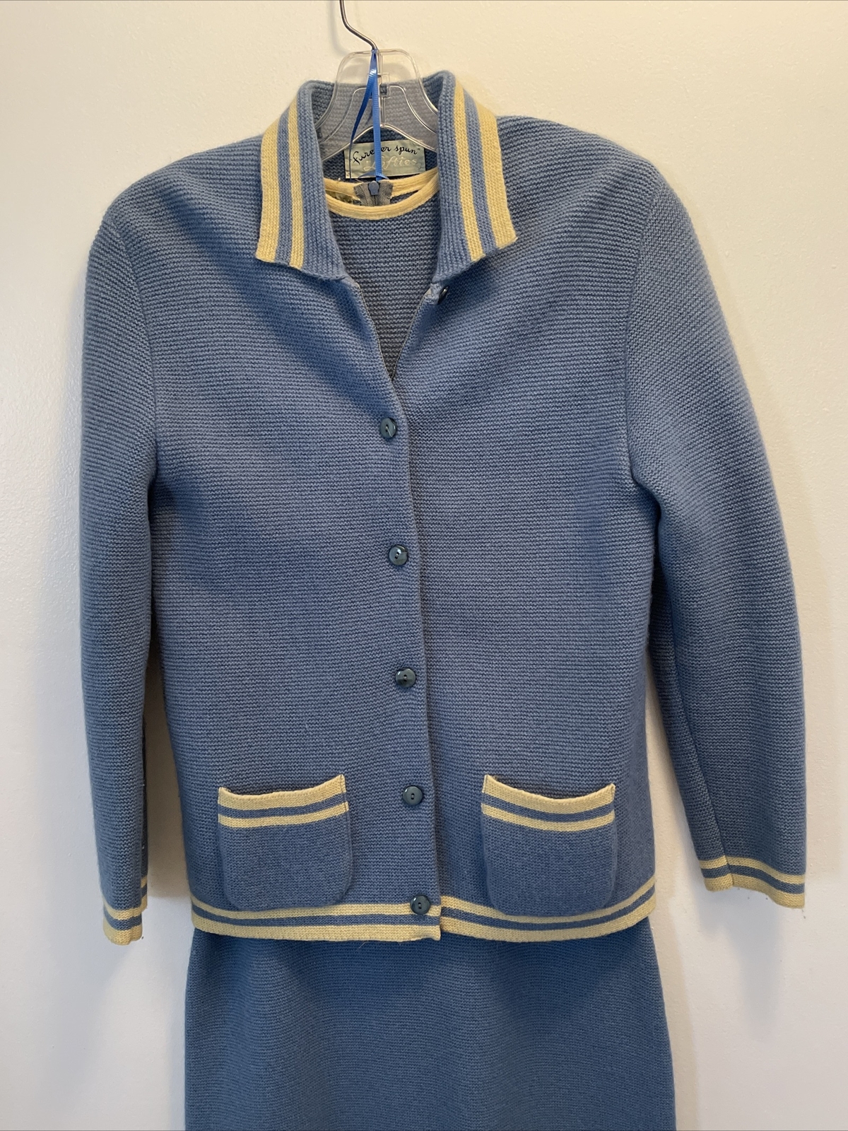 Vintage 1950s LOFTIES Baby Blue Sweater Top& Skirt SET Mid Century Retro Fashion