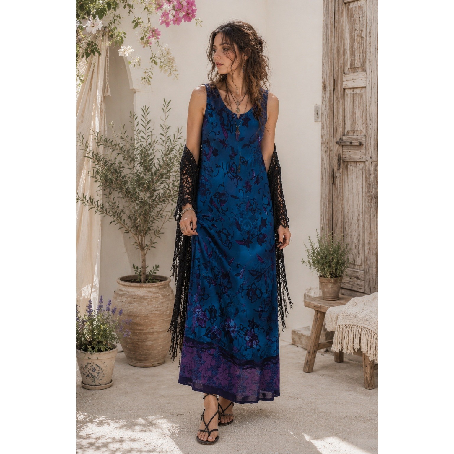 Boho Whimsigoth Fairy Cottage Y2K Vintage Blue Purple Floral 80s 16W Maxi Dress