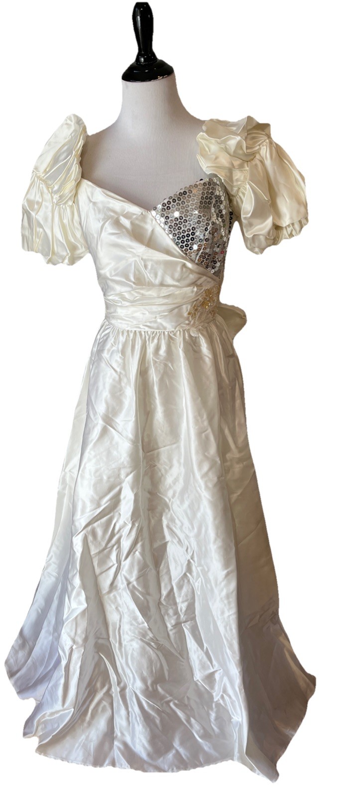 Vintage Nadine Wedding Dress 80s Puff Sleeve Glam Sequin Size 7 Ivory Prom Bow