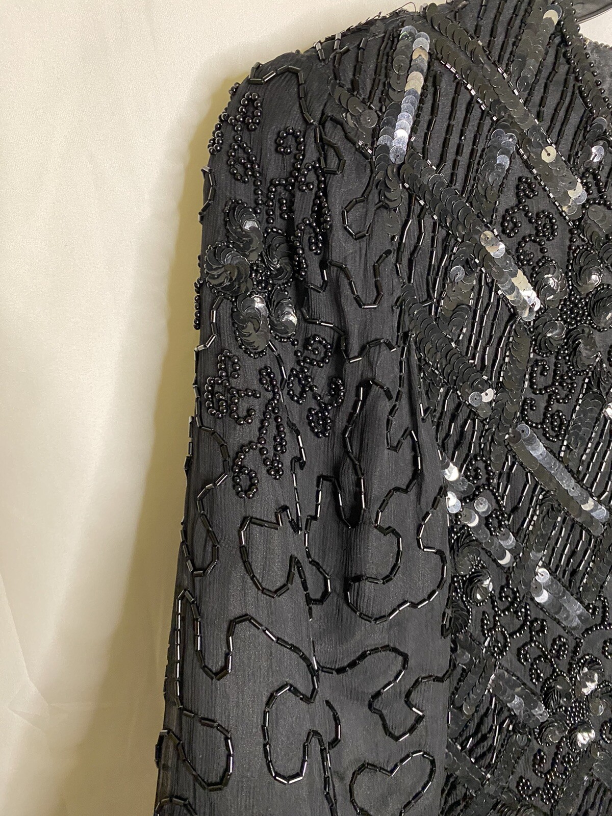 Vintage Sweelo Black Beaded Long Sleeve 100% Silk Dress Evening Gown Size Small