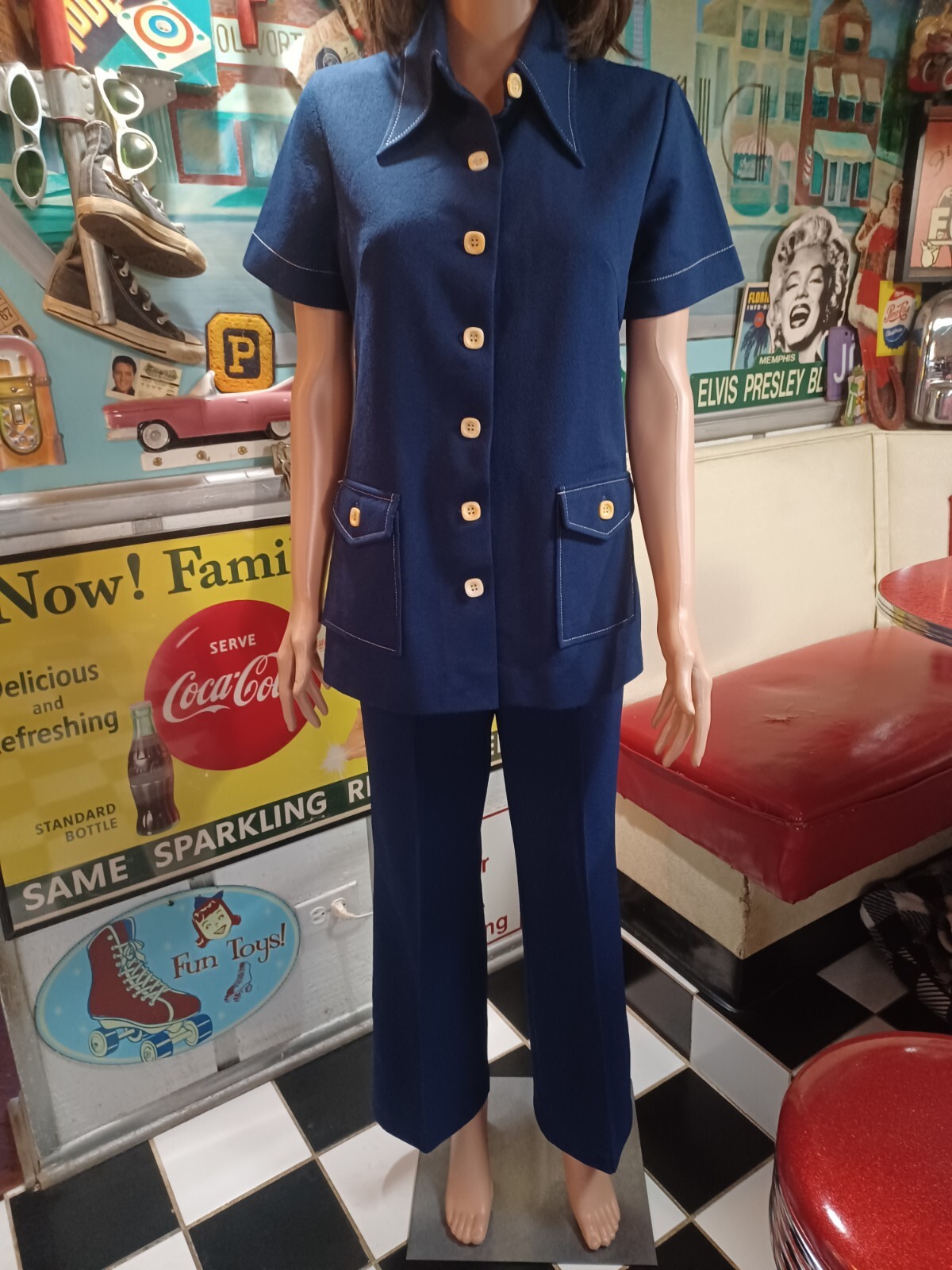 True VTG Mid-century 1960s 1970s Polyester Pant Suit Mod MCM Groovy S/M 60s 70s