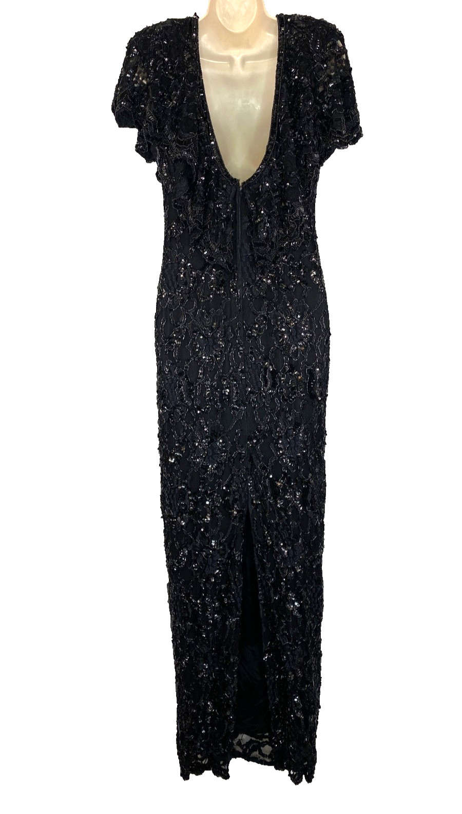 Vintage 1970s black beaded formal dress S pencil wiggle cape sleeve maxi flutter