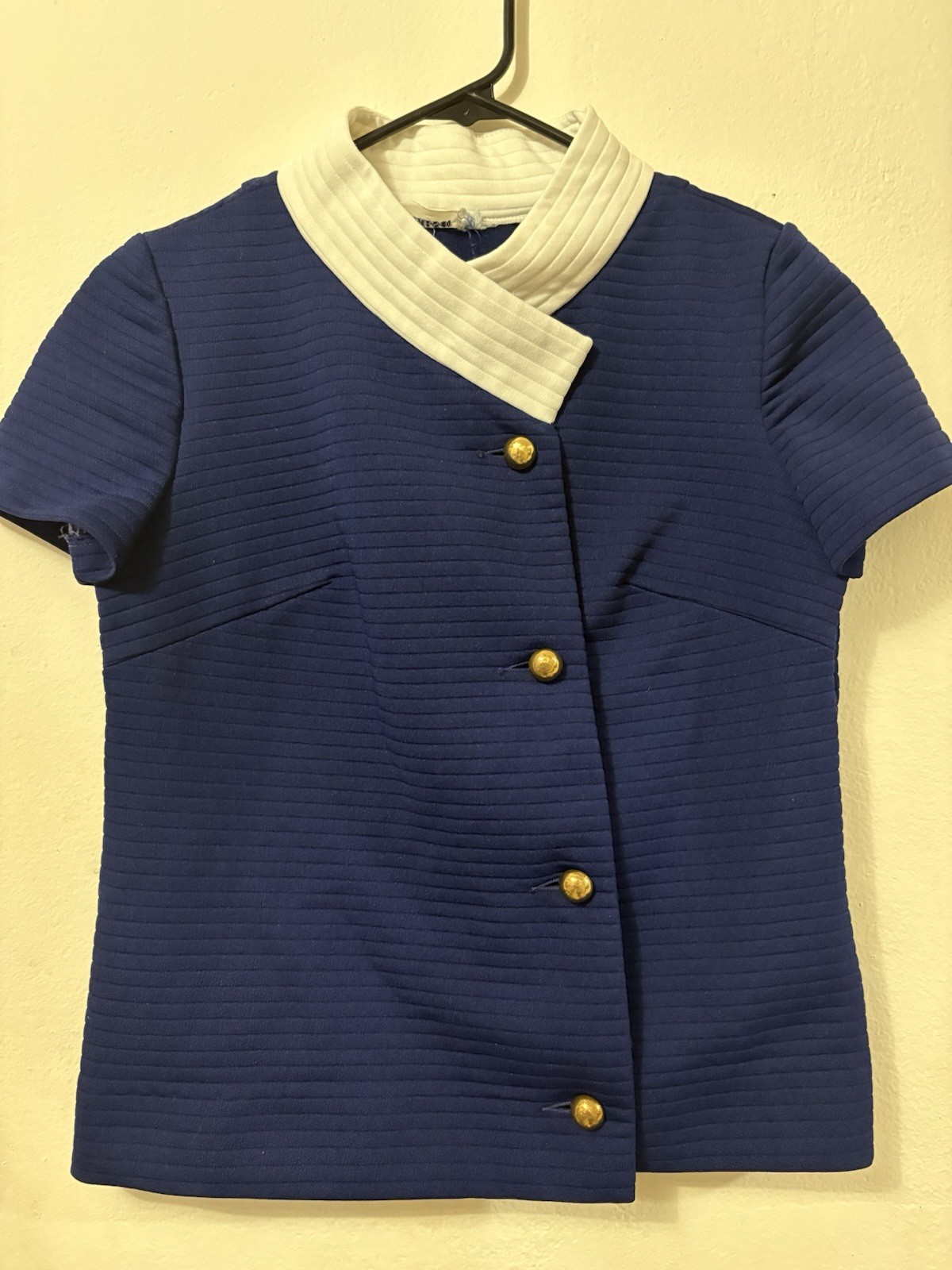 Vintage 60s Womens Gay Gibson Navy W Gold Button Up Blouse Size Small