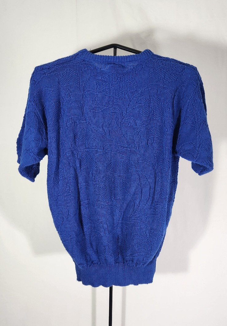 Vintage Cobalt Blue Knit Floral Sweater Alicia Cotton SZ SM