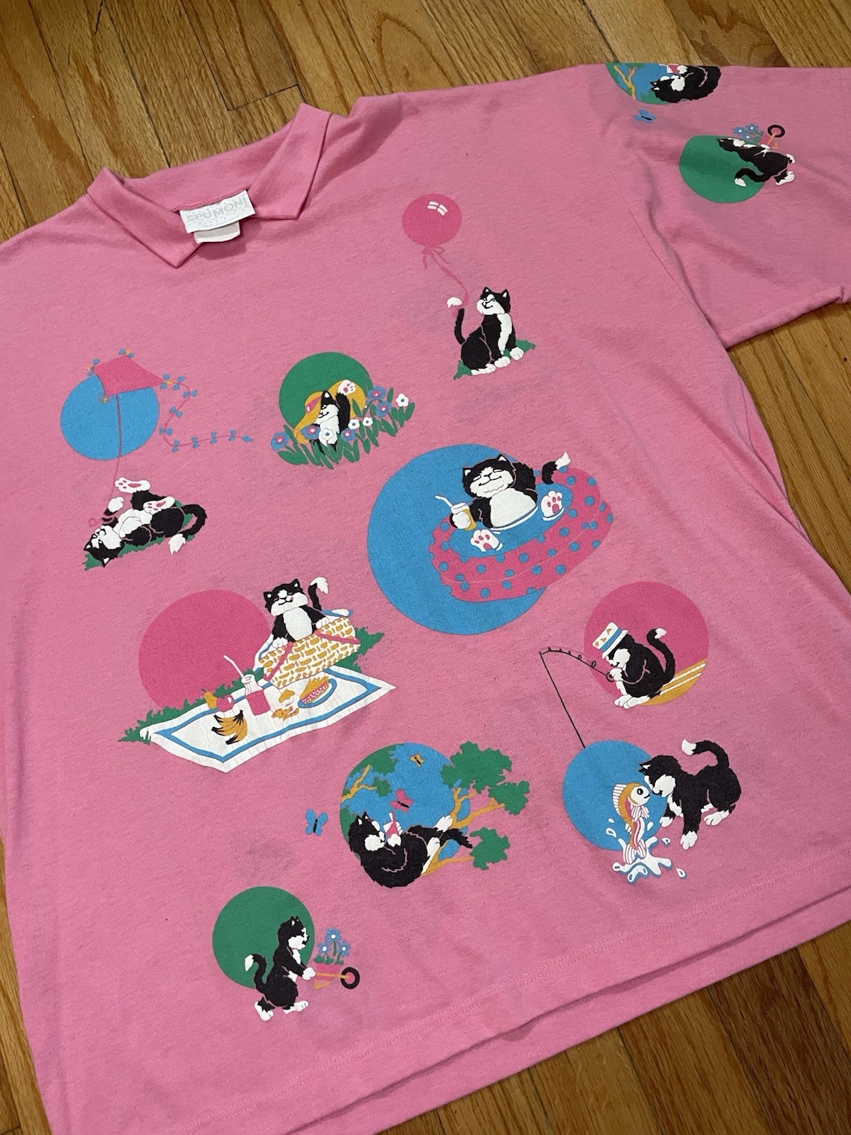 Vintage 80s Spumoni Pink Cats AOP Collared T-Shirt Size Large