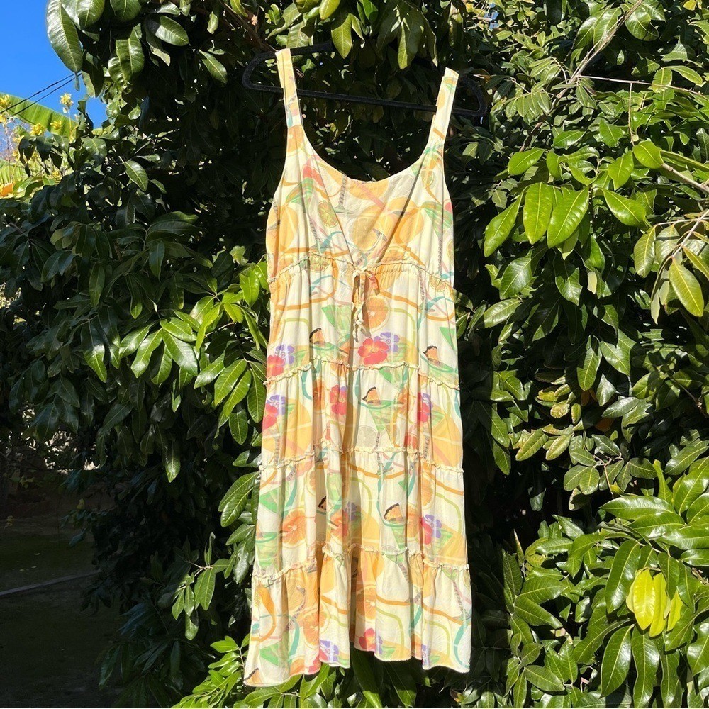 Vintage yellow fruit lemon martini print tiered sleeveless mini dress