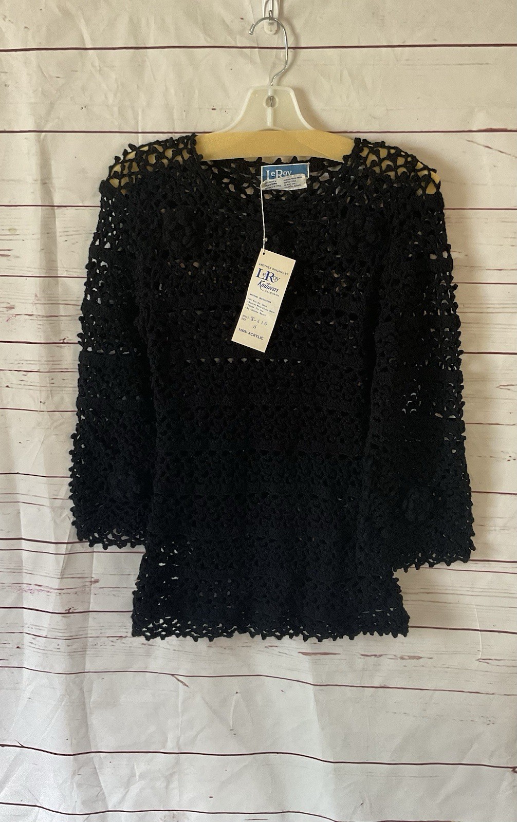 1970s True Vintage Leroy Califorina Black Hippie Crochet Top Bell Sleeve S
