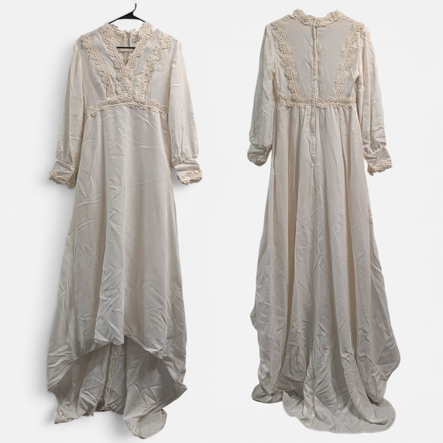 Cottagecore Prairie Gothic Velvet Lace Ivory High Low Maxi Dress Vintage