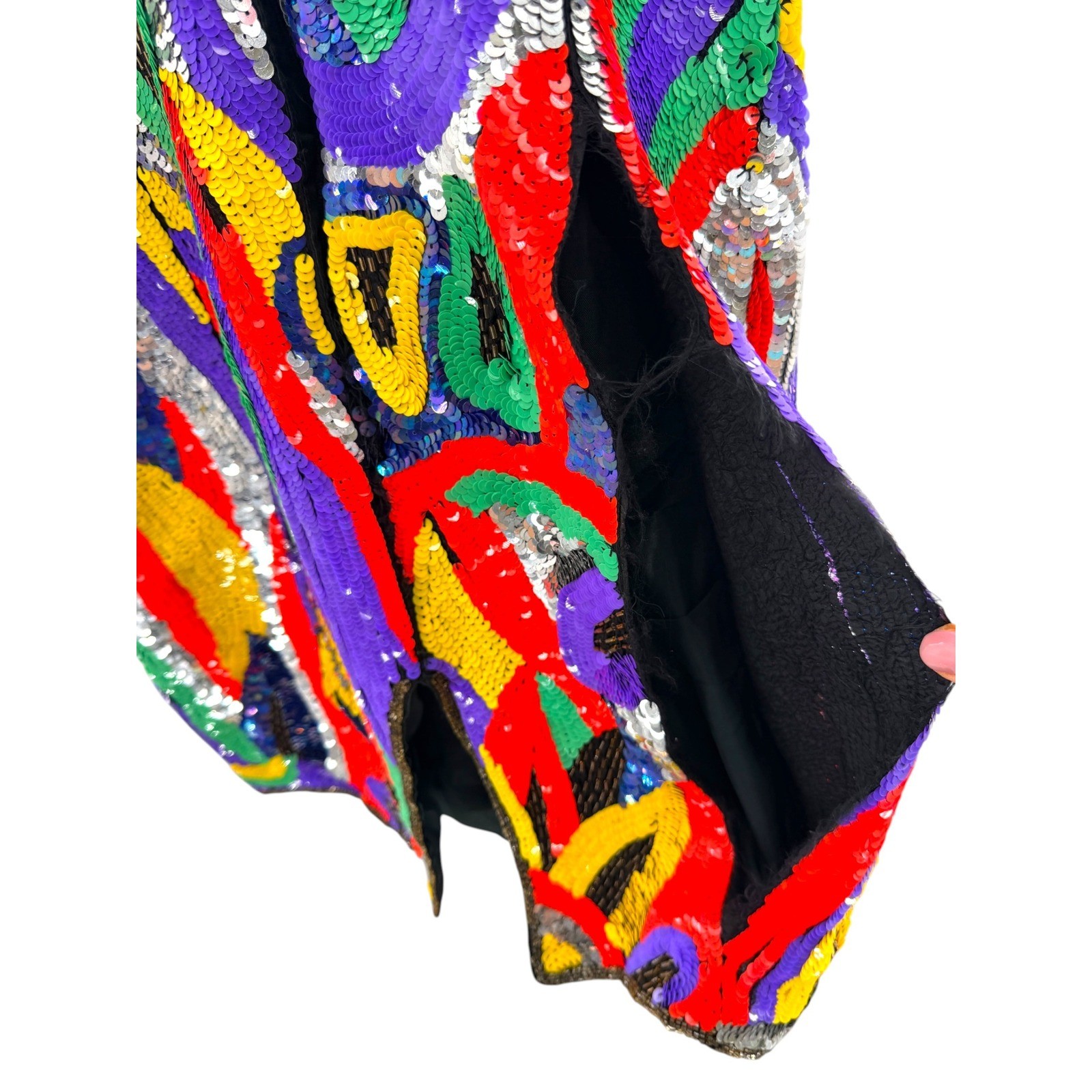 Channa Vtg Pure Silk Rainbow Sequin Dress Hand Beaded Abstract Geometric M FLAW