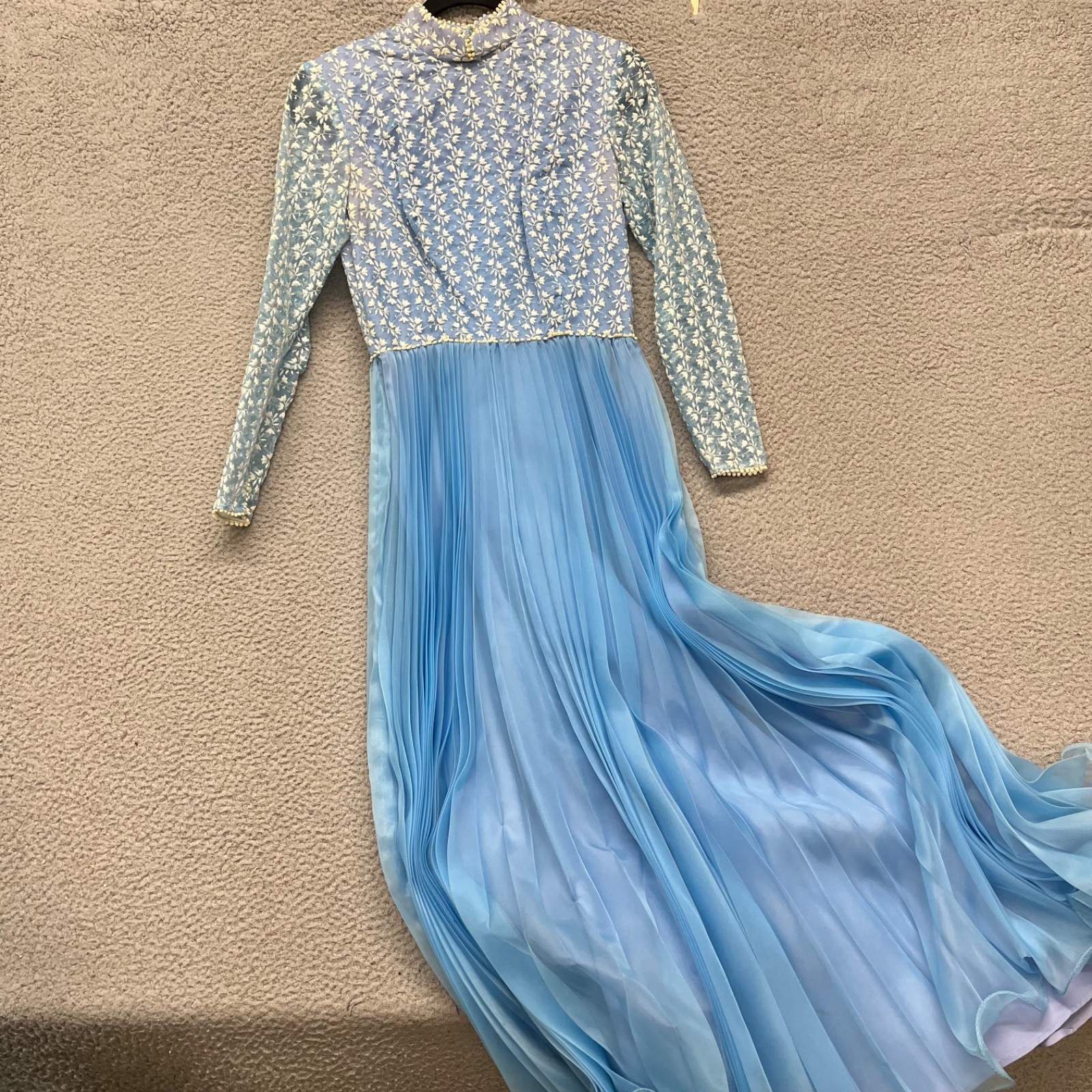 True Vintage Dress Blue Floral Embroidered Sheer High Neck Accordion Skirt 60’s