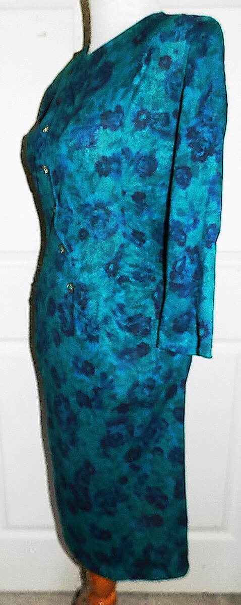 Vintage 80s Blue Aqua Floral Ruched Sides Dress Joni Blair of California Size 7