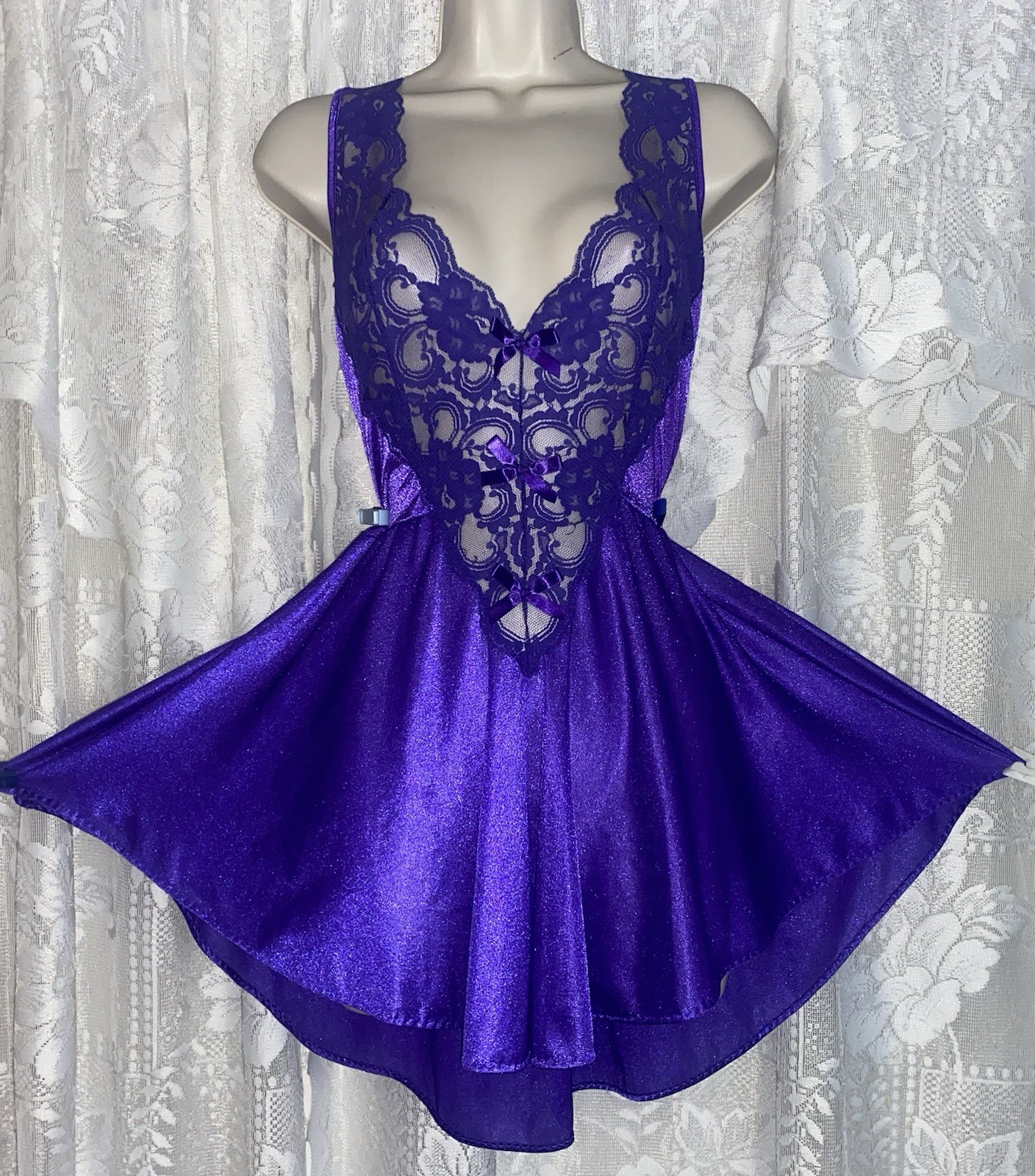 VTG 2X ADONNA PURPLE Full Babydoll Nylon NIGHTIE Nightgown Inset Lace olga esque