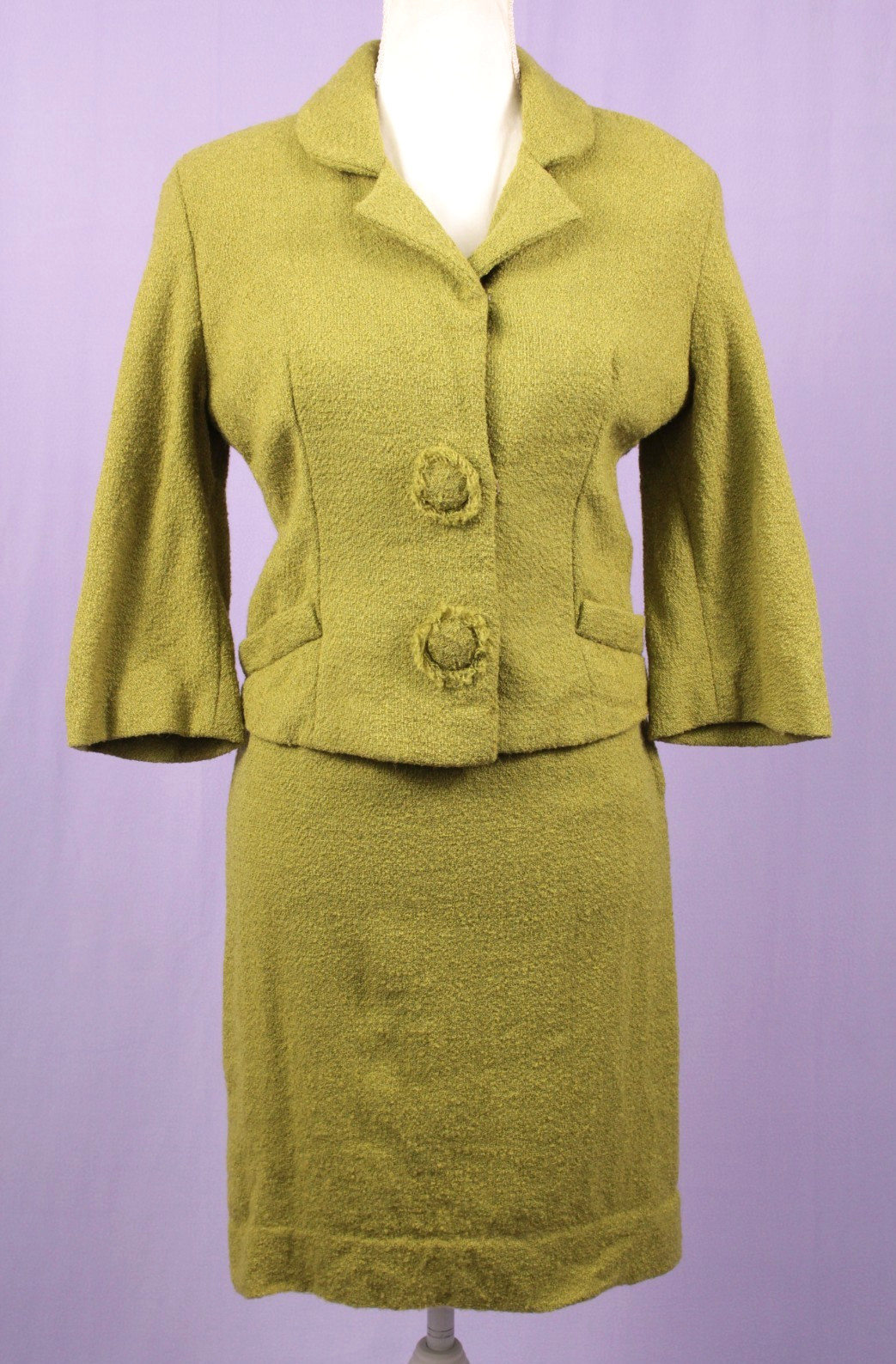 VTG Women’s 50s 2 Pc Chartreuse Wool Dress Suit XS/S 1950s Utah Tailoring Mills