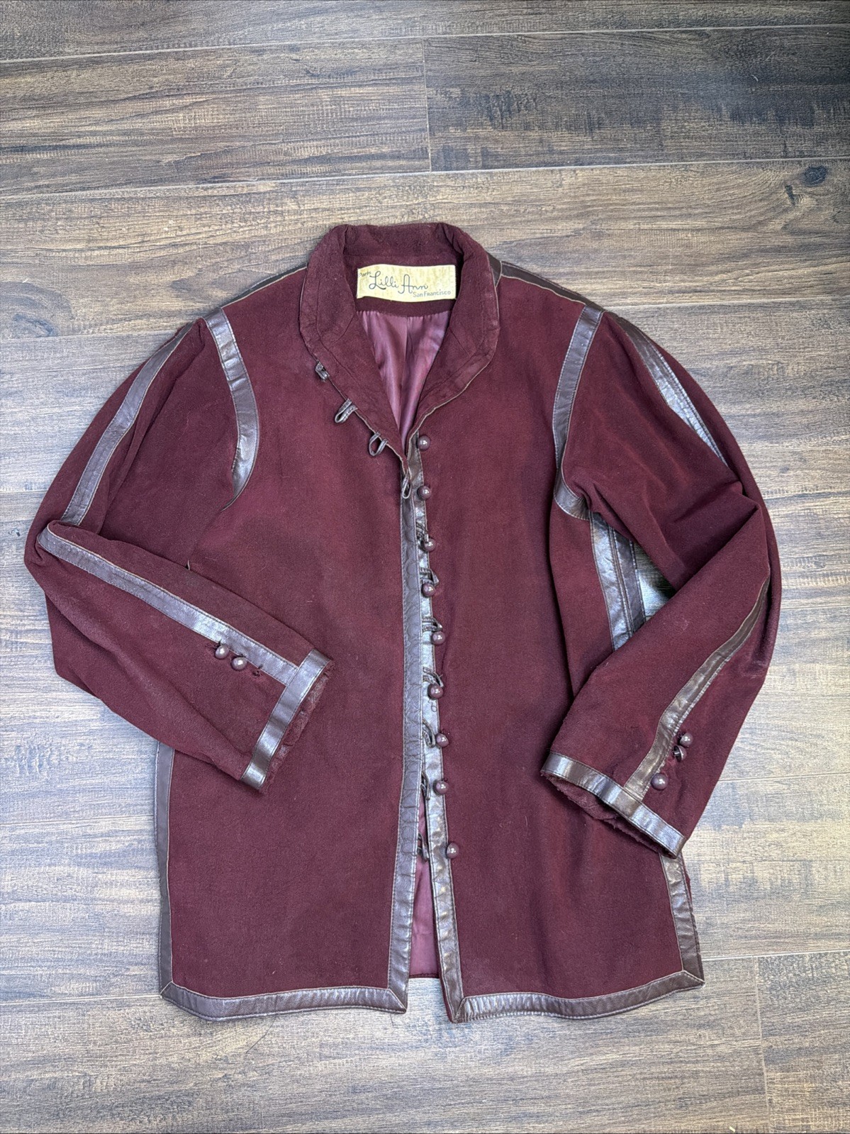 1970s Lilli Ann Vintage Burgundy Maroon Suede Jacket Military M/L