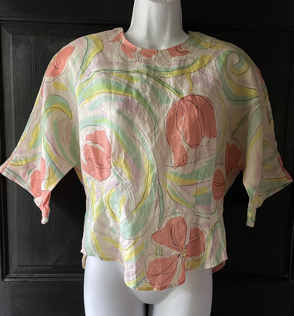 Vtg 80’s Workshop Fenn Wright Ramie Shoulder Padded Floral Blouse Size 8 Medium