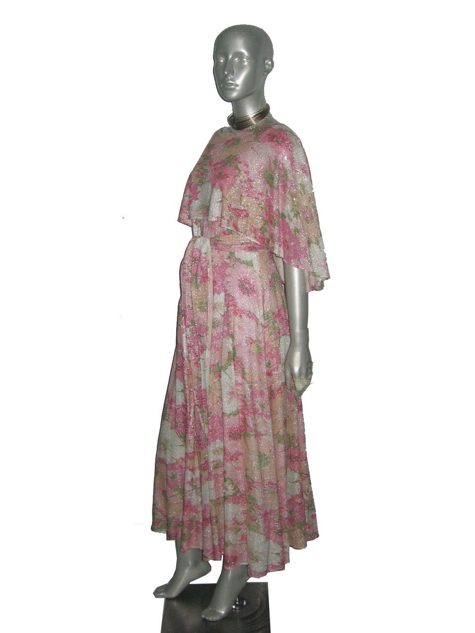 VTG Multi-Color Pastel Floral Metallic Silver Lurex Sparkle Overlay Disco Dress