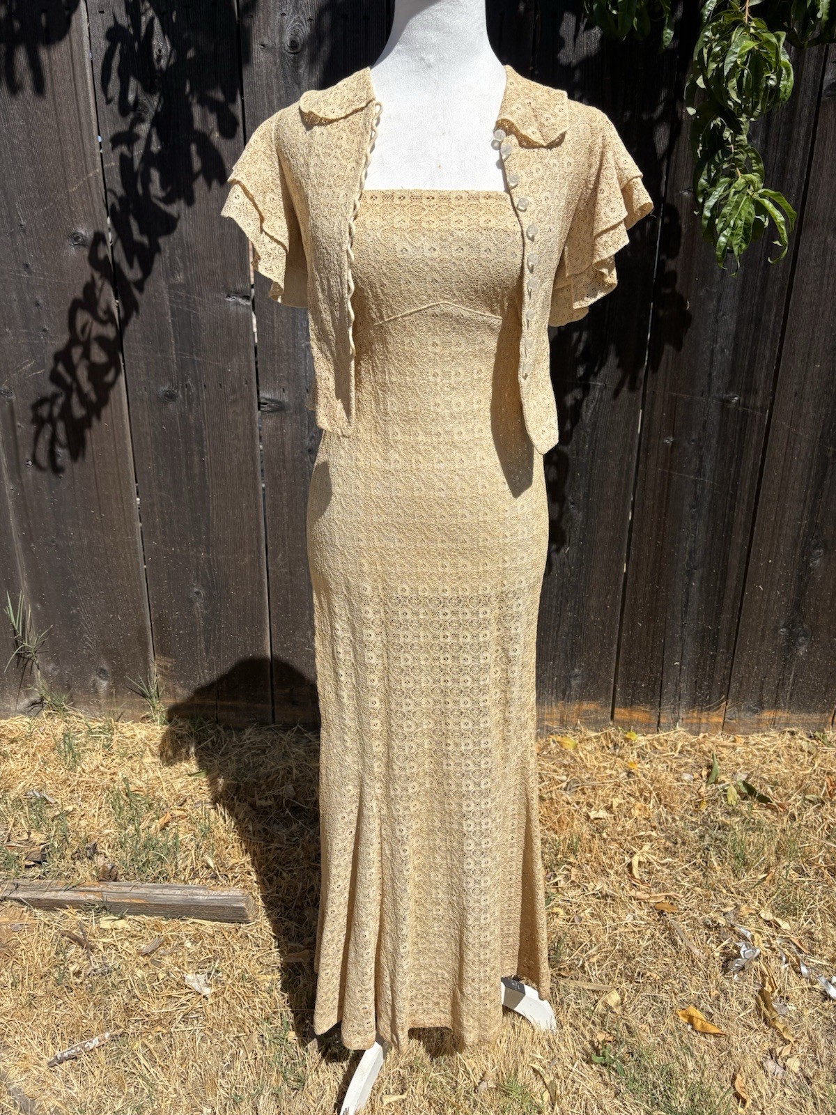 Vtg 20’s/30’s XS/XXS Cream Knit Dress With Matching Caplet Slightly Wounded