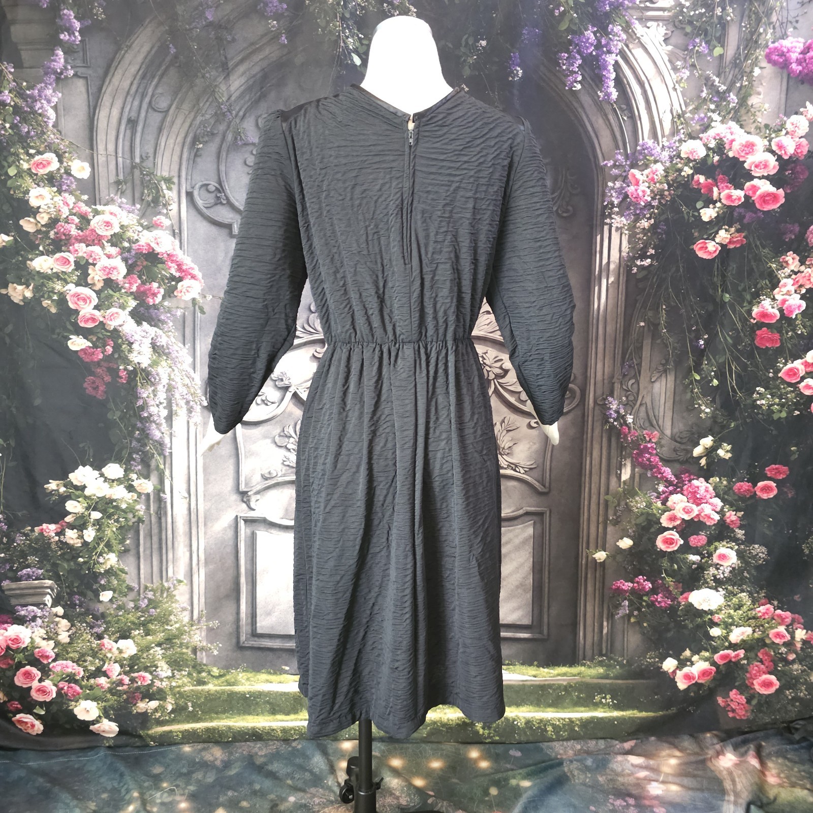 Vintage 1970s Black Dress Textured Fabric Satin Shoulders Long Sleeves