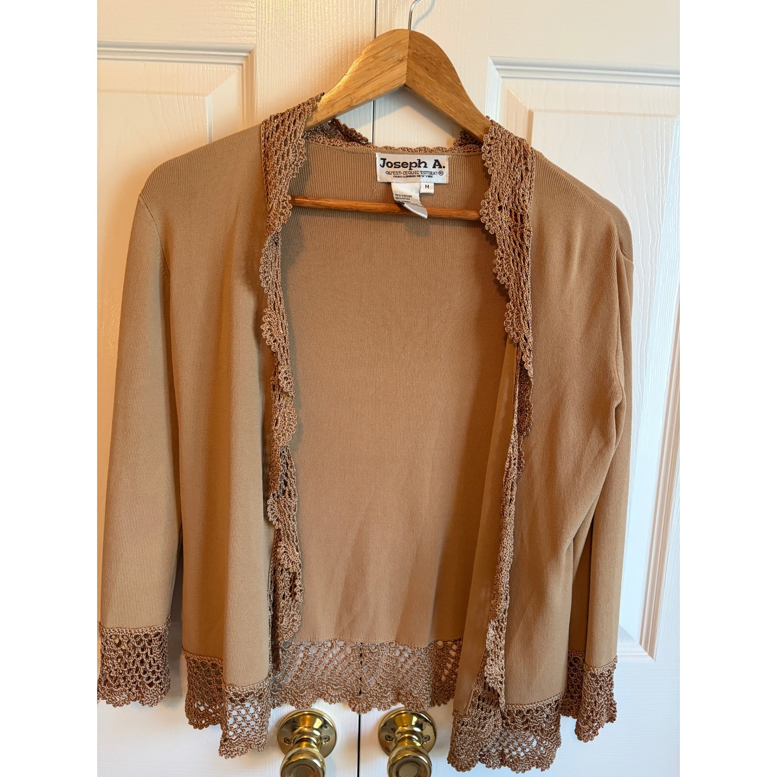Vintage Joseph A. Tan Crochet Lace Trim Cardigan Open Front 90s Knit Tan Medium