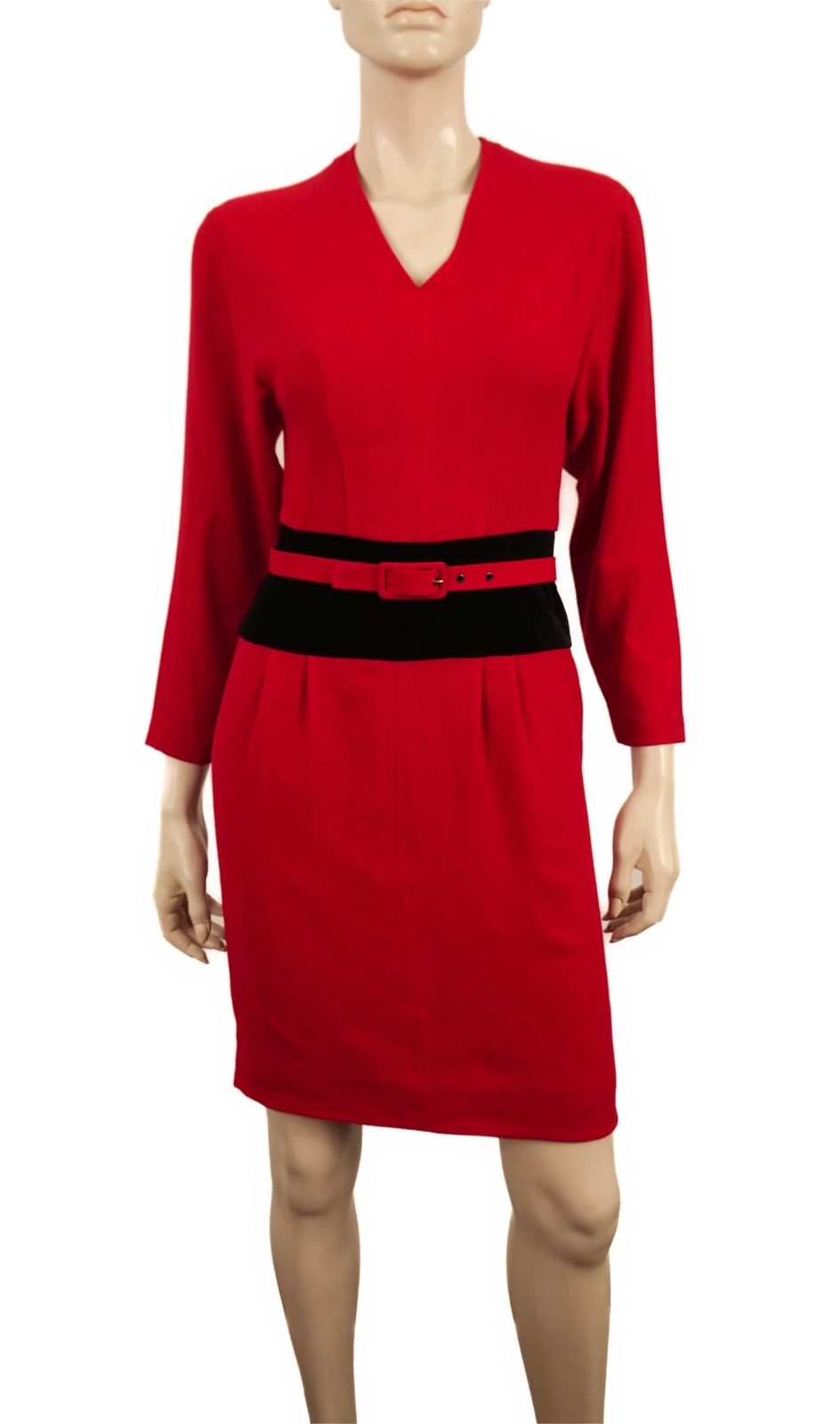GUY LAROCHE Vintage 80s Red Wool Crepe Dolman Sleeve Belted Dress 34 US 2