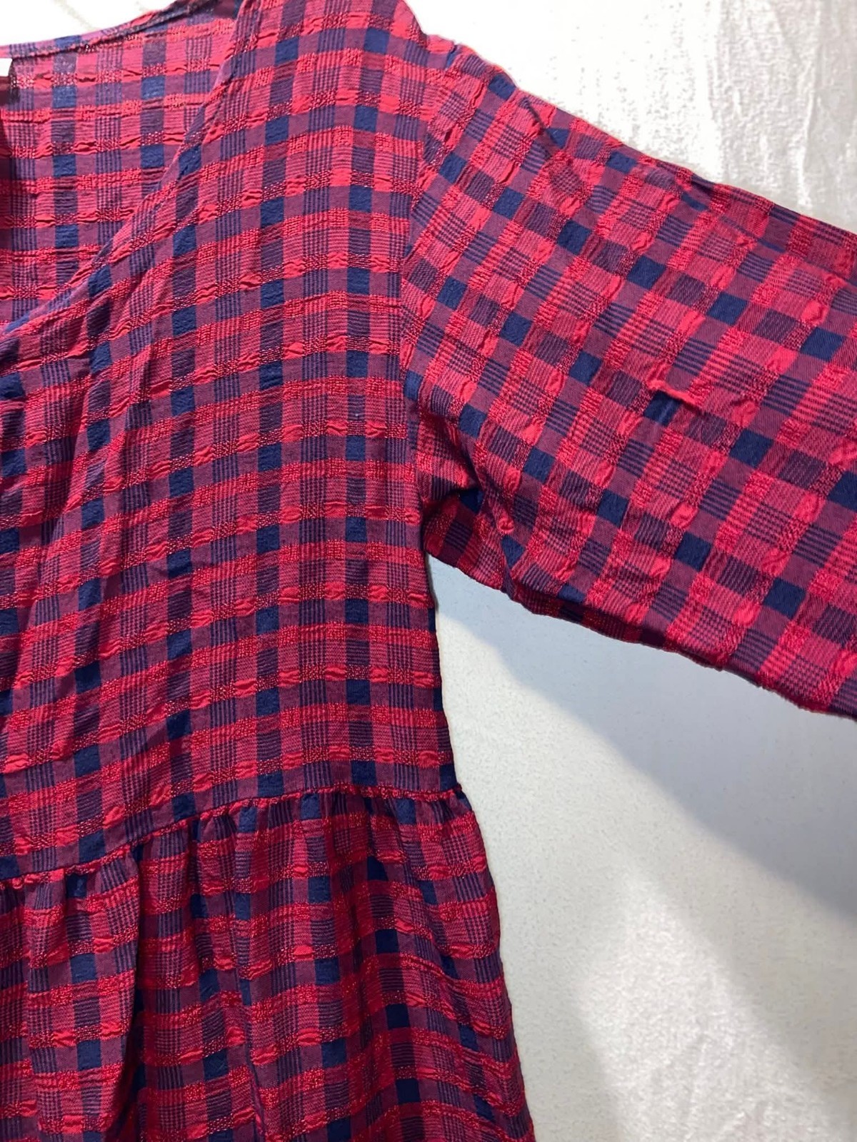 Vintage 90s Ellen Ashley Red Blue Plaid Long Sleeve Full Button Frt Maxi Dress M