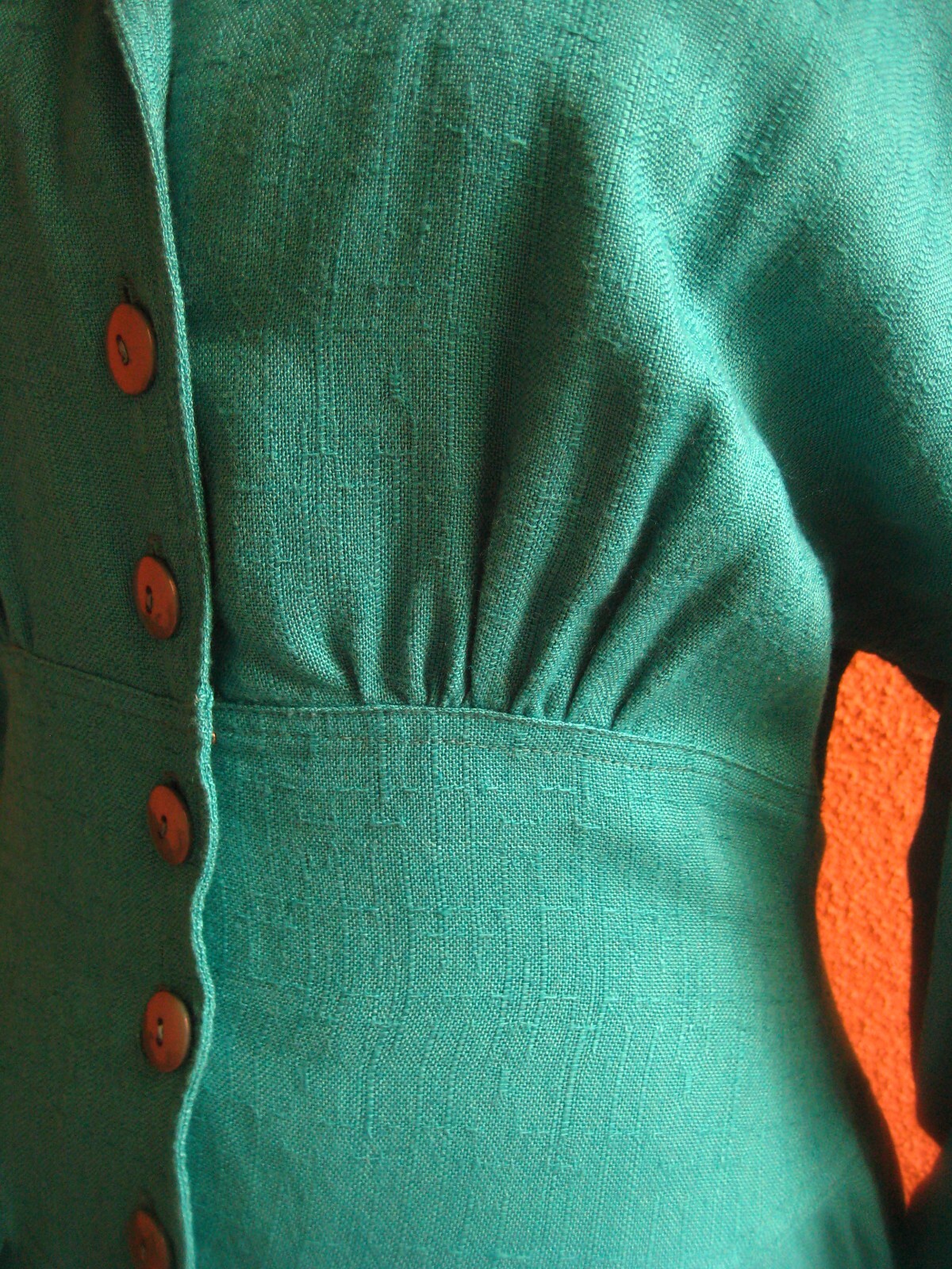 Vintage Secrets 80s rayon/flax kelly green fit/flare button front midi dress 6