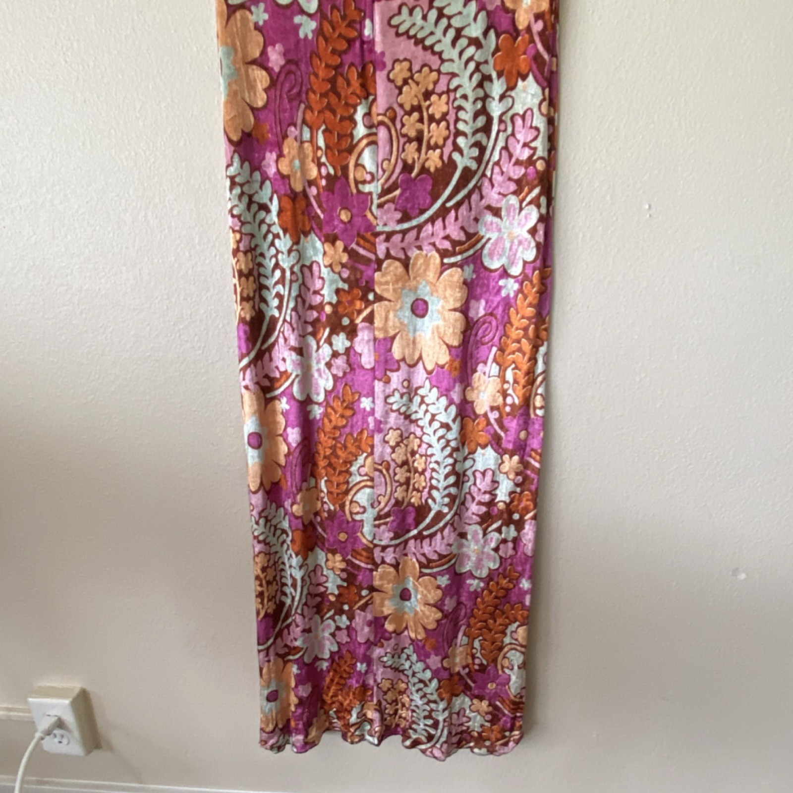 Vtg 70s MCM Boho Goddess Floral Stretch Velvet Pink Purple Maxi Dress Medium