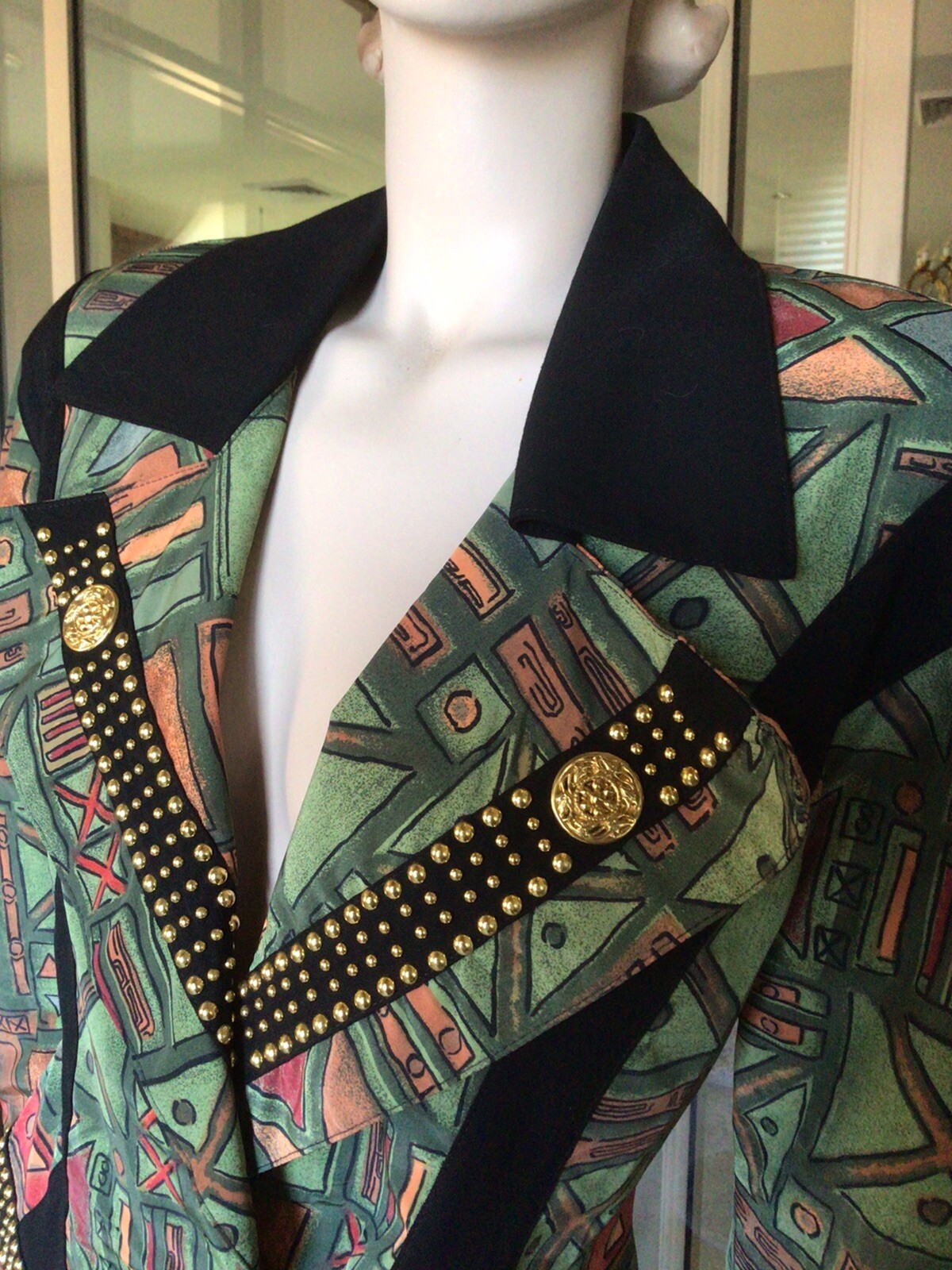 Vtg 80s Green Geometric Print Asymmetric Wasp Waist Gold Stud Peplum Jacket 10