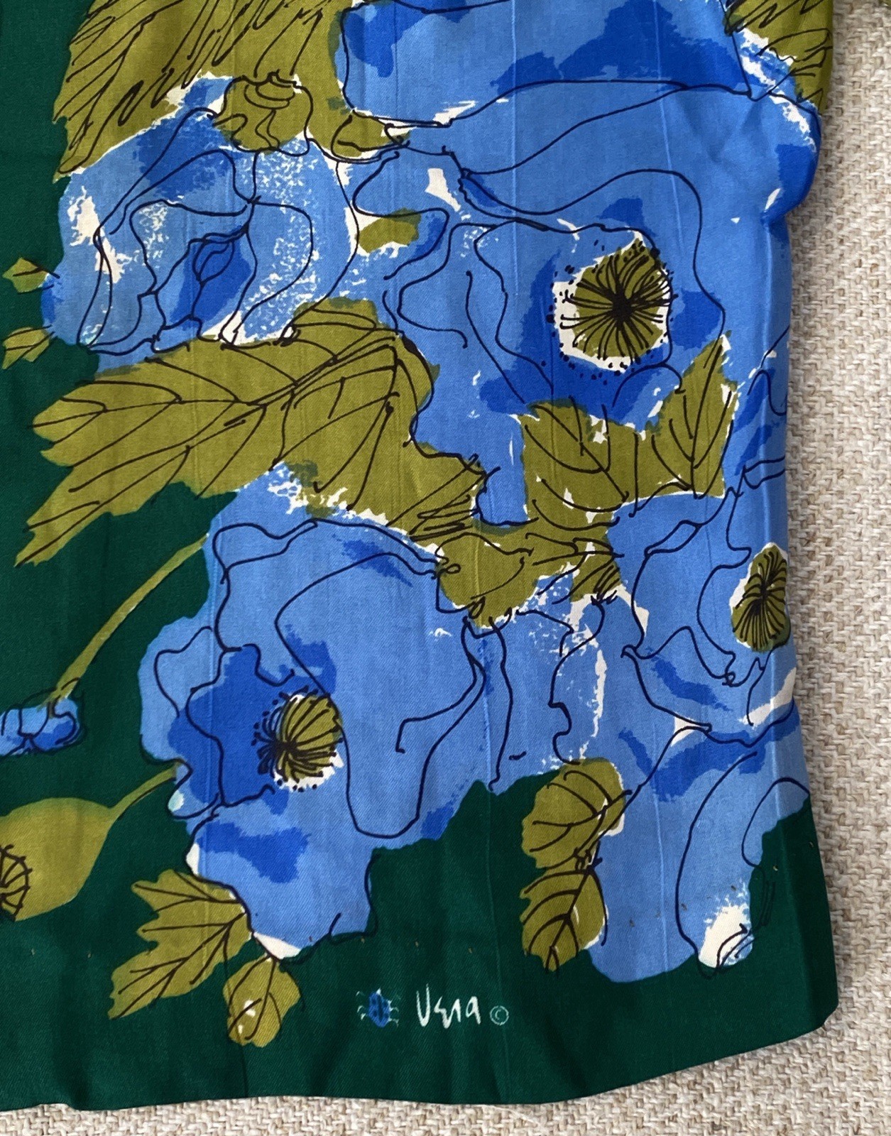 Vintage Silk Vera Neumann Blouse shirt 3/4 Sleeve Olive Blue Floral