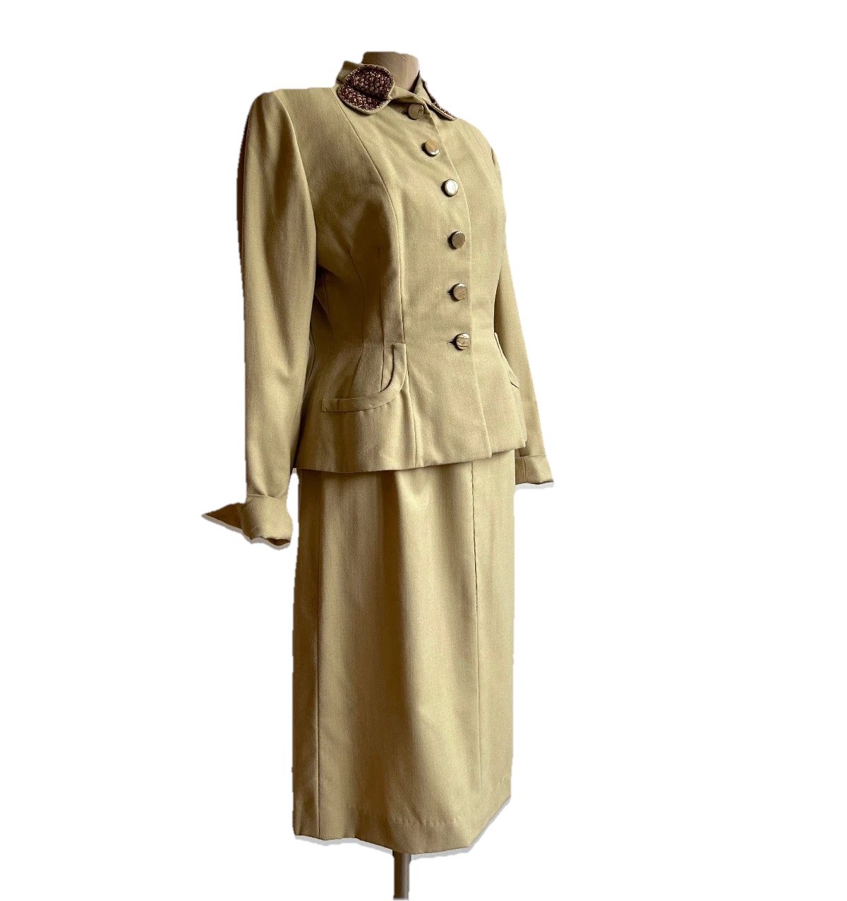 Vintage 1940s Courtshire Fashion Wool 2pc Suit Khaki Tailored Maisel WW2 Era S M