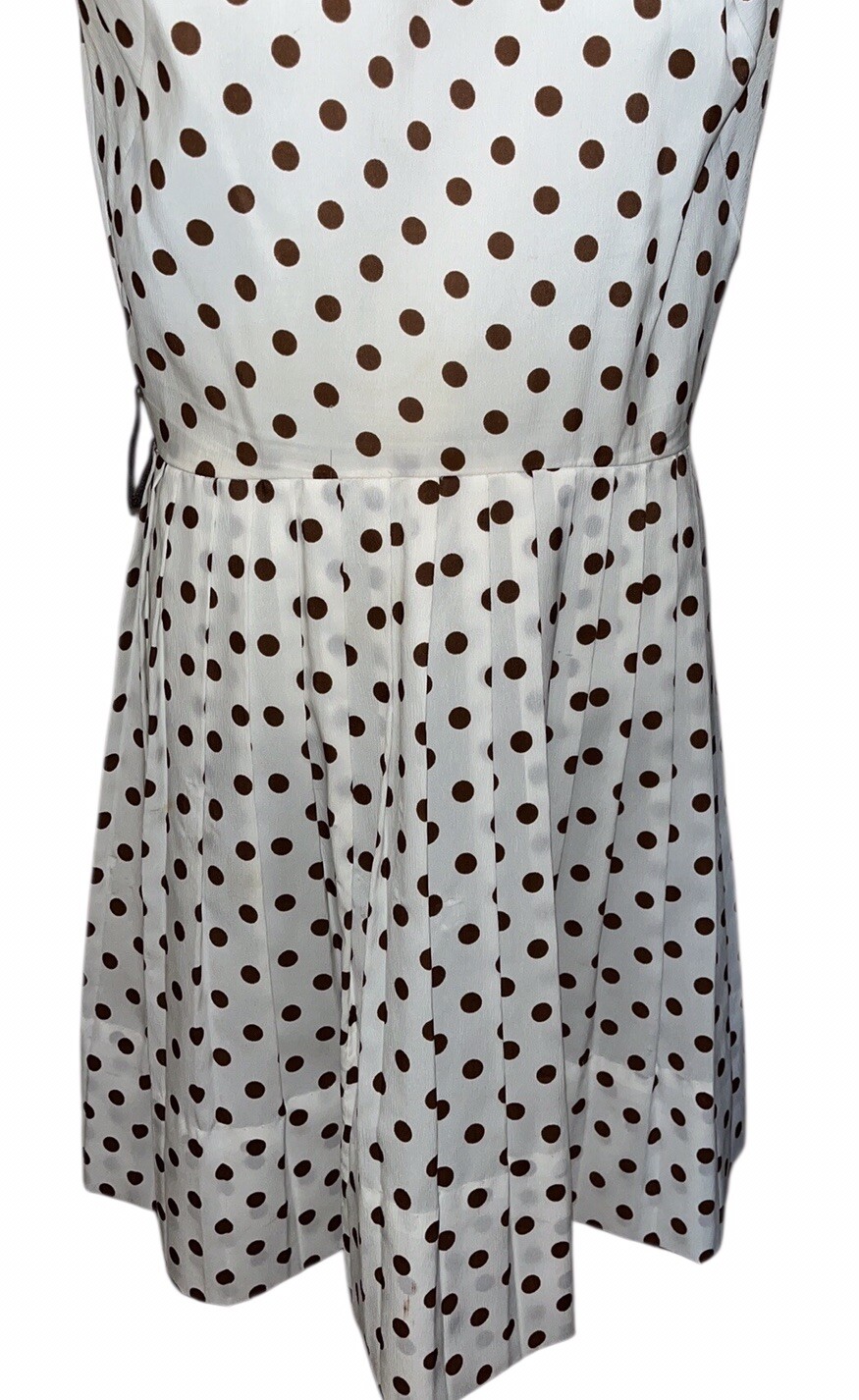 Vtg Alden’s Fashions MCM 70s Dress W/Pleated Skirt~Cream W/Brown Polka Dots~READ
