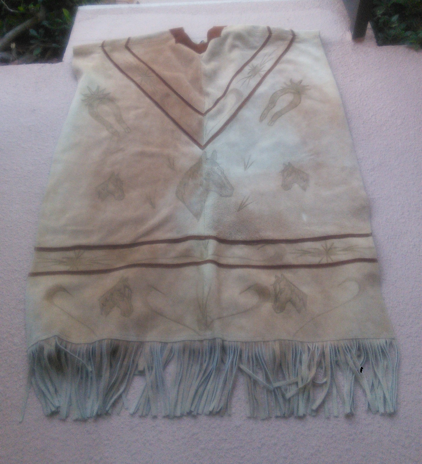 Vintage Men’s Mexican Handmade Suede Leather Poncho Western Fringe Hand Drawn OS
