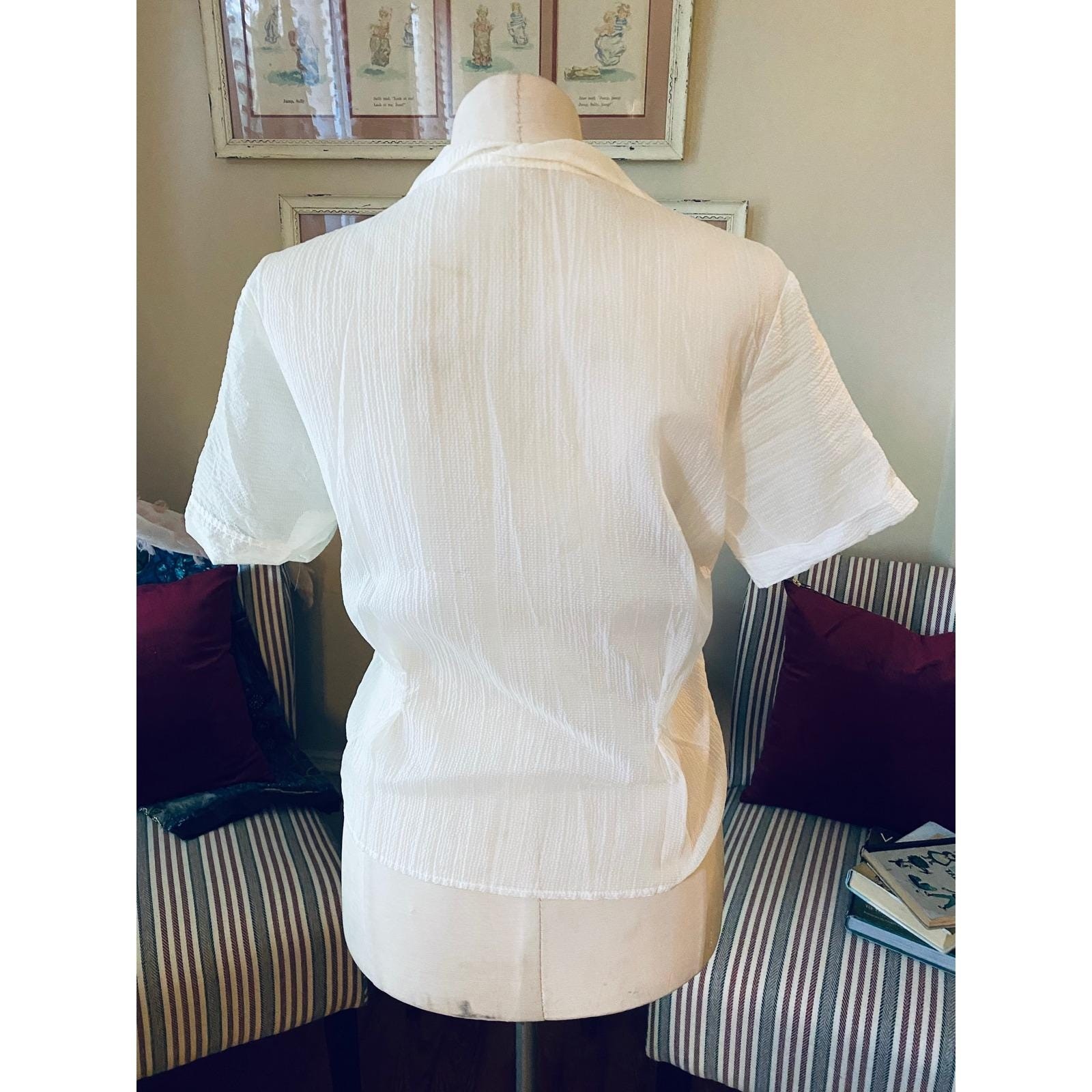 Vtg 50’s White Short Sleeve Blouse Crystal Buttons Retro Rockabilly Sz XL