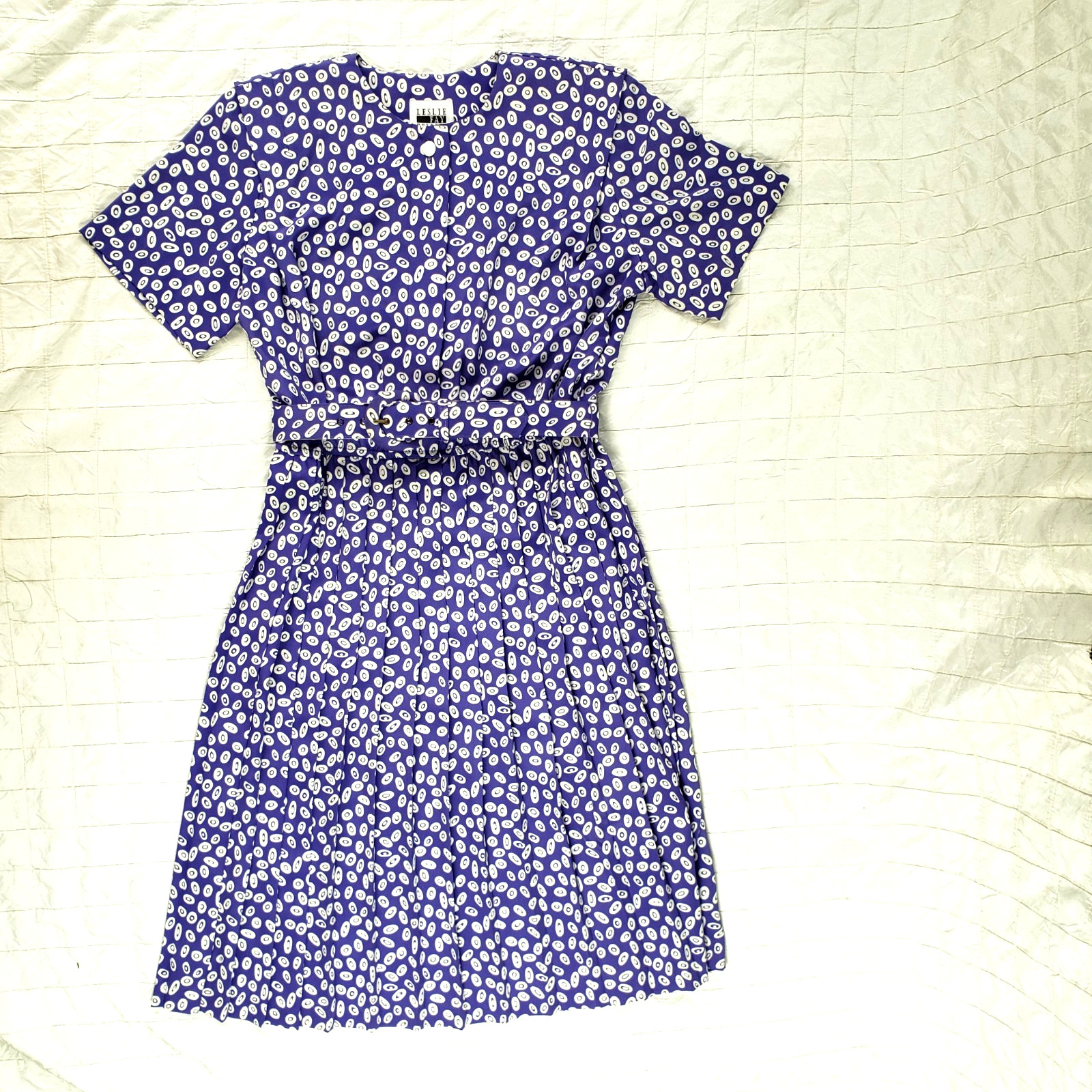 Vintage Leslie Fay Dress 80s 90s Pleated Geo Paisley Purple Belted SIZE 6P