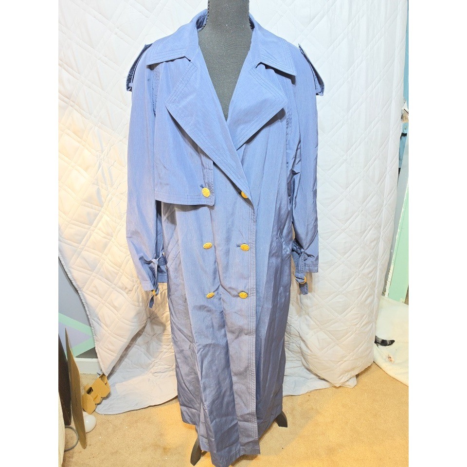 Vintage Blue Double Breasted Maxi Trench Coat Button Duster Epaulets XL READ