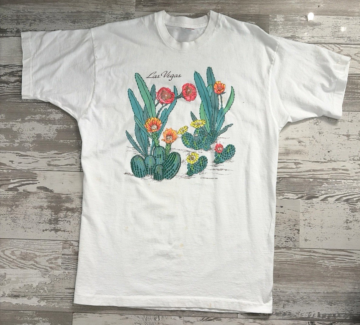 Vtg T Shirt 90s Las Vegas Cactus Flower Glitter Single Stitch SZ XL Fruit Loom