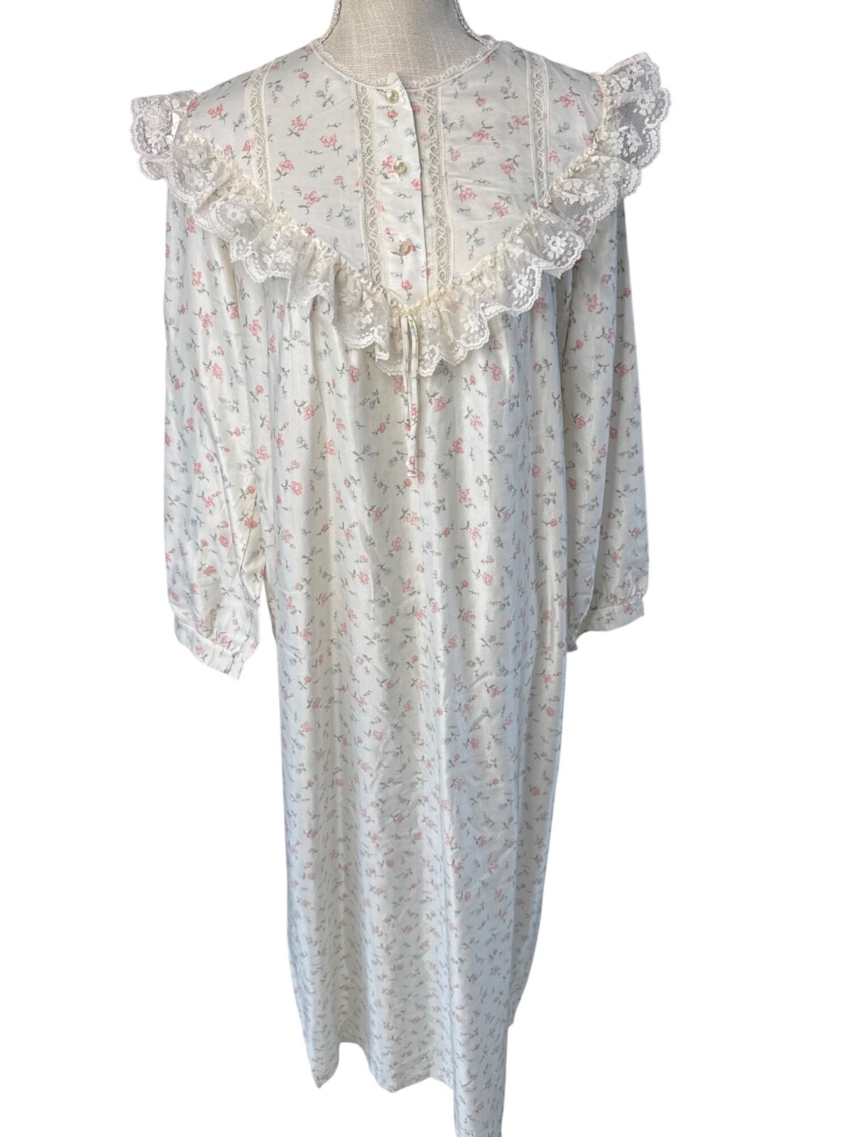 Apostrophe Sears vintage Floral Lace Trim Long Sleeve Satin Flannel Nightgown Sl