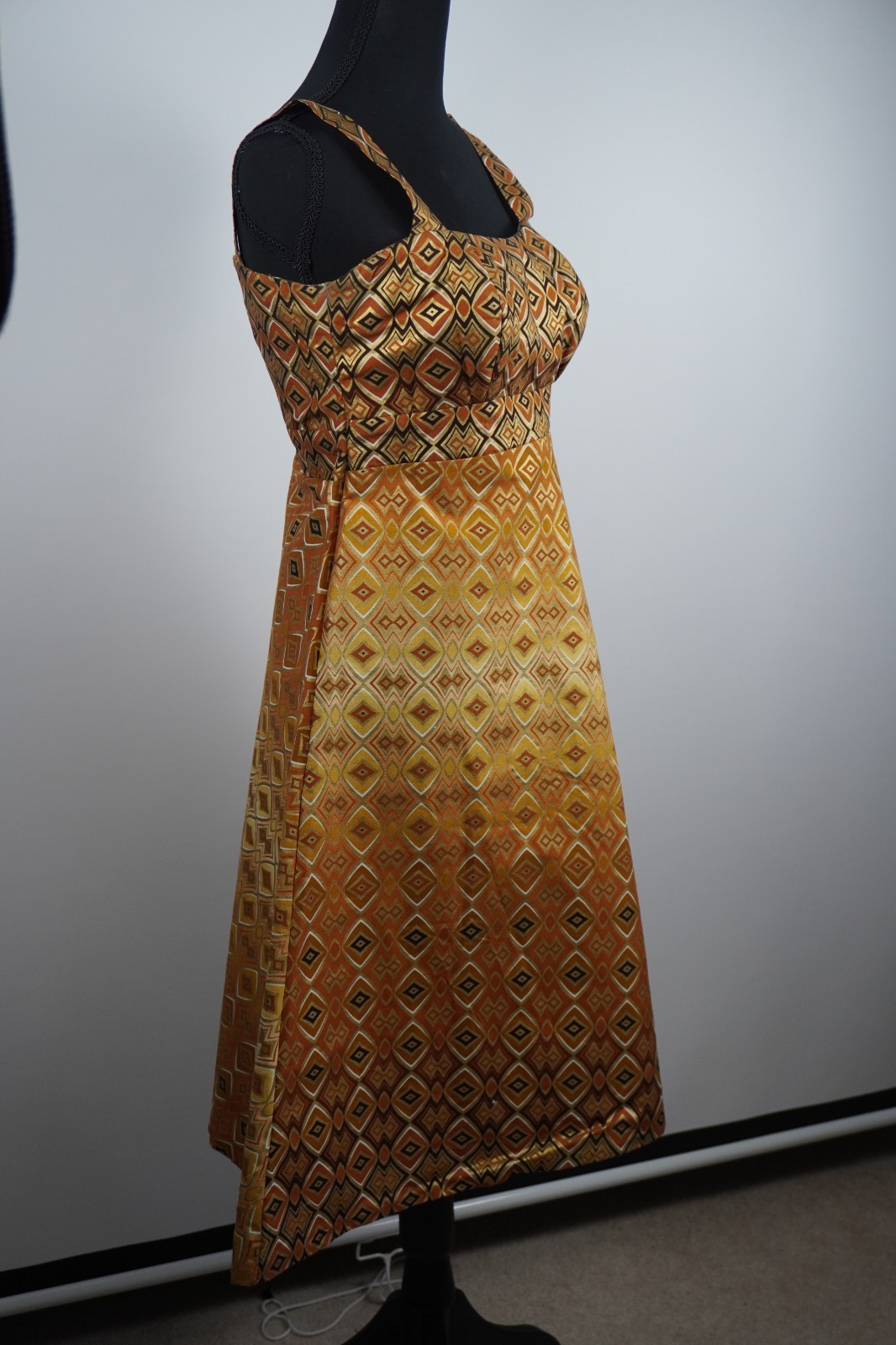 Retro 1960s Dress XS gold and brown boho retro empire style handmade Geometric