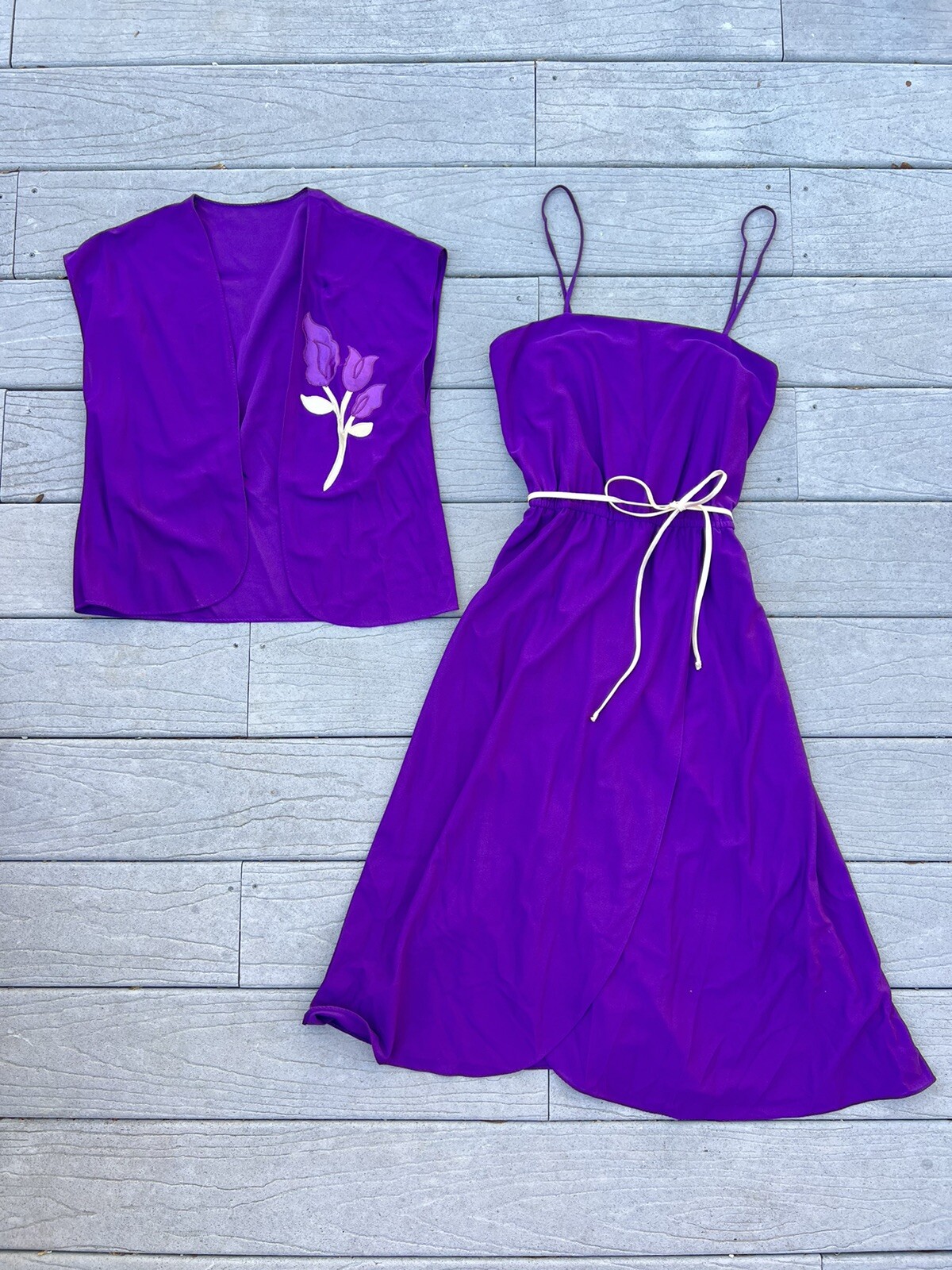 Vintage 1970s Purple Sun Dress And Vest Two Piece Set Hippy Festival Art Deco S